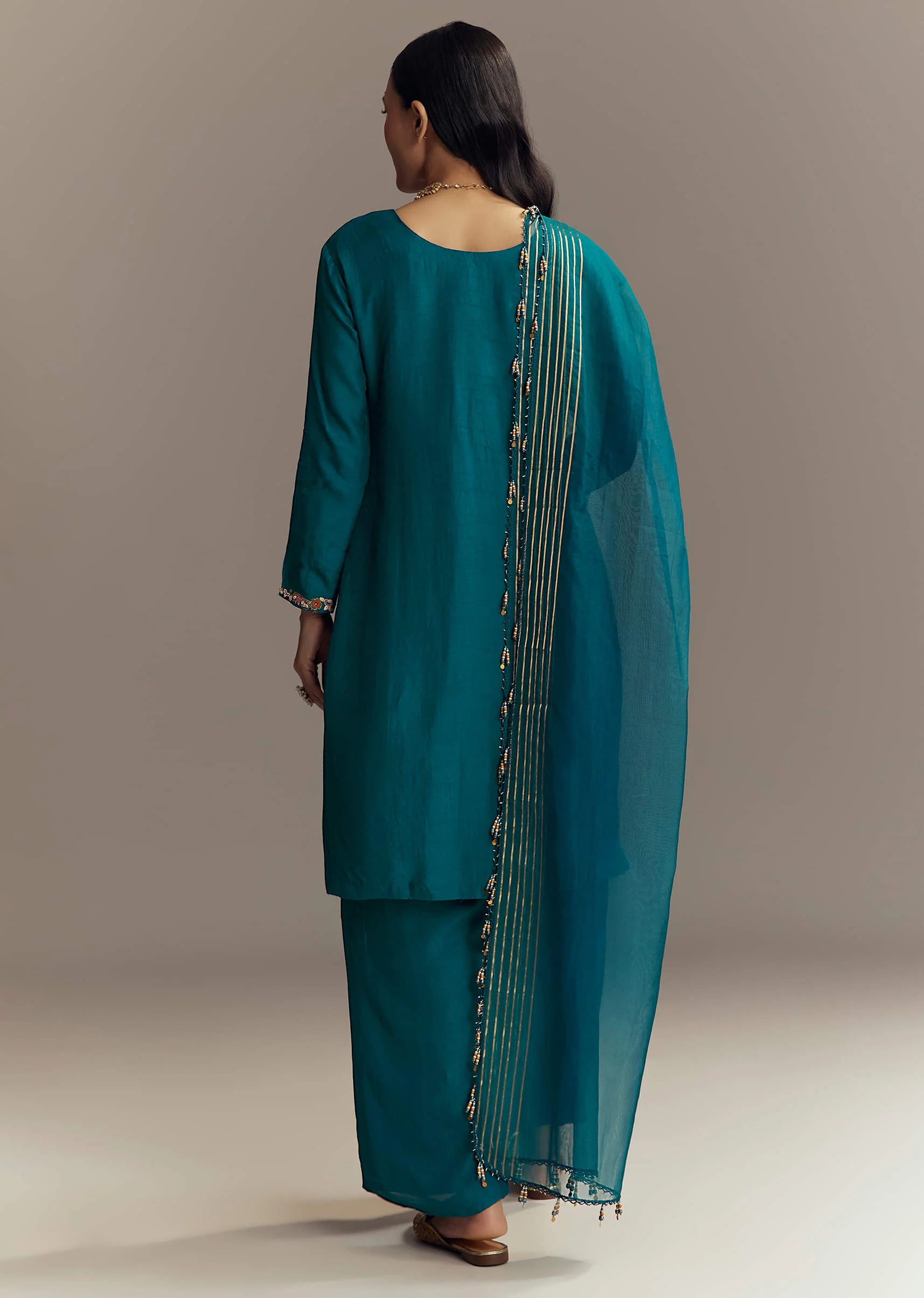 Teal Blue Silk Kurta Set With Zardosi And Resham Work - Image 5