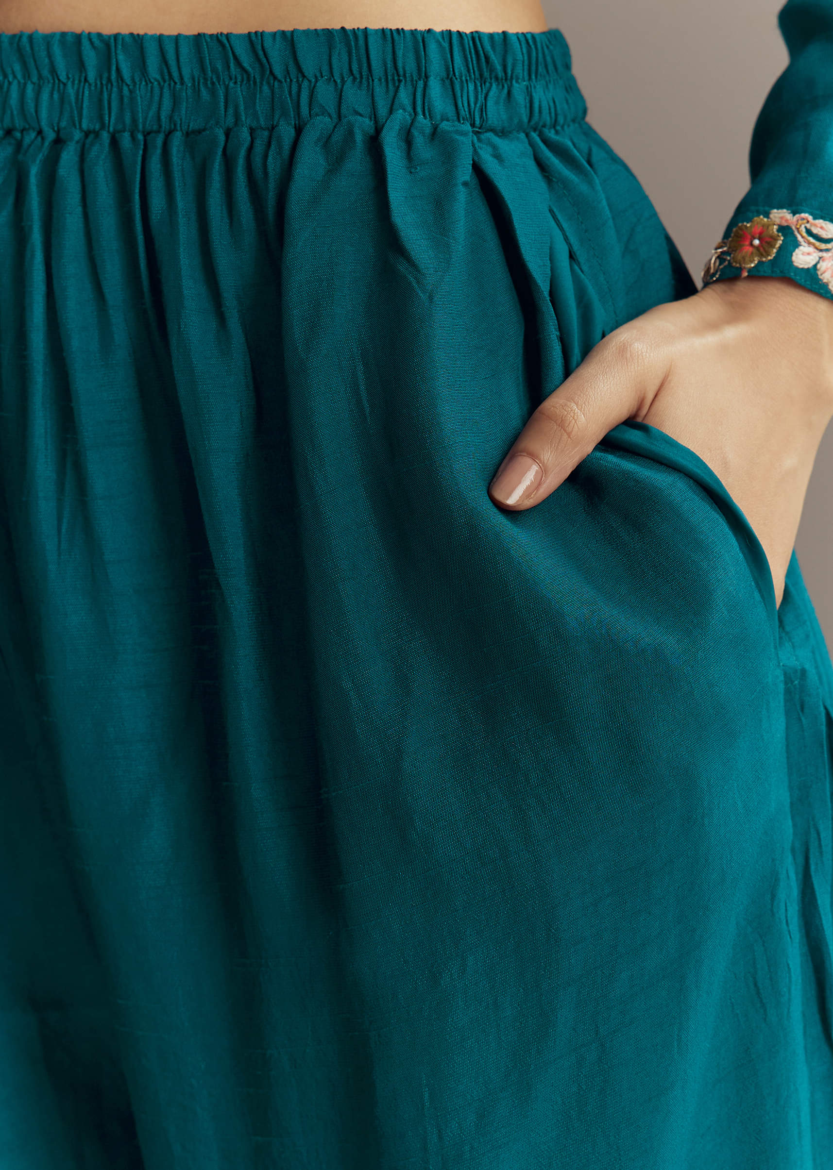Teal Blue Silk Kurta Set With Zardosi And Resham Work - Image 6
