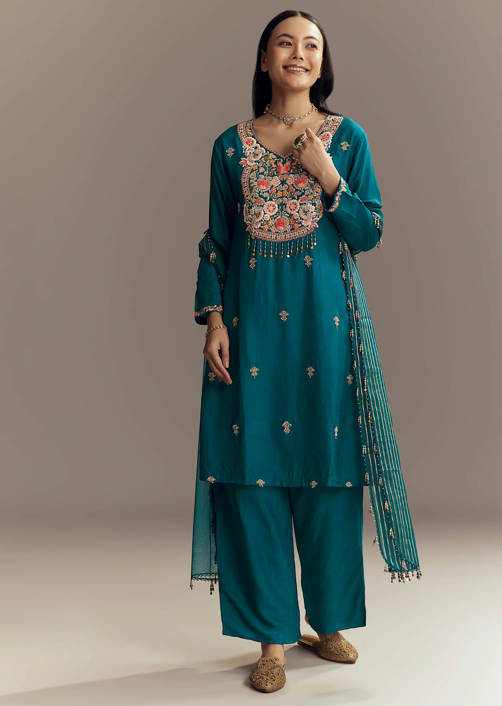 Teal Blue Silk Kurta Set With Zardosi And Resham Work - Image 7