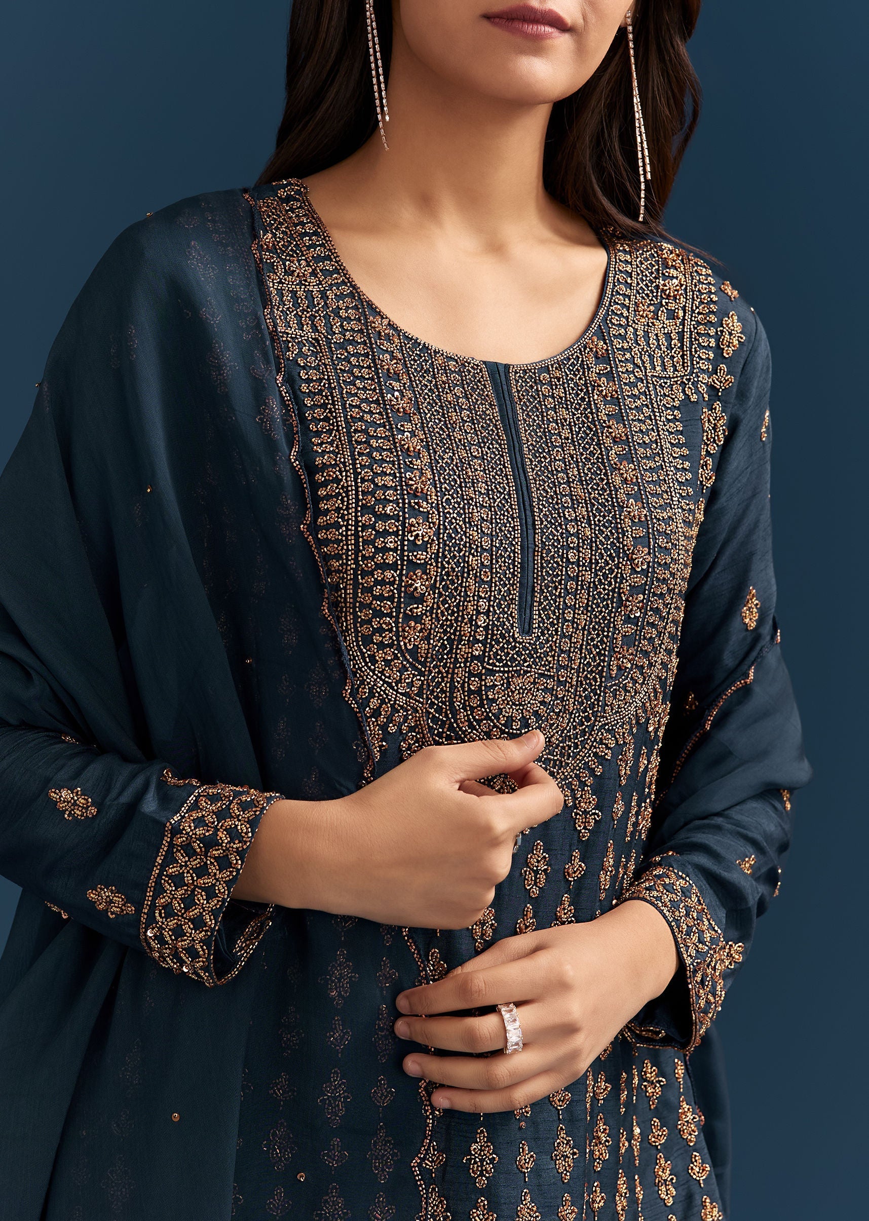 Teal Blue Silk Palazzo Suit With Cut Dana Work And Dupatta - Image 2