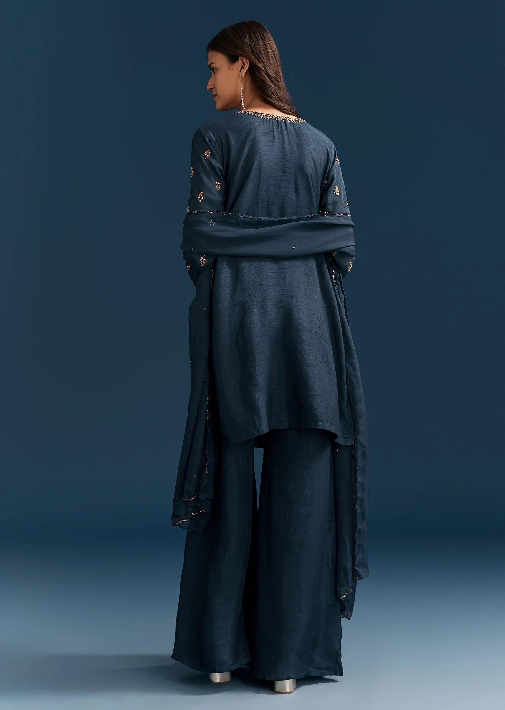 Teal Blue Silk Palazzo Suit With Cut Dana Work And Dupatta - Image 5