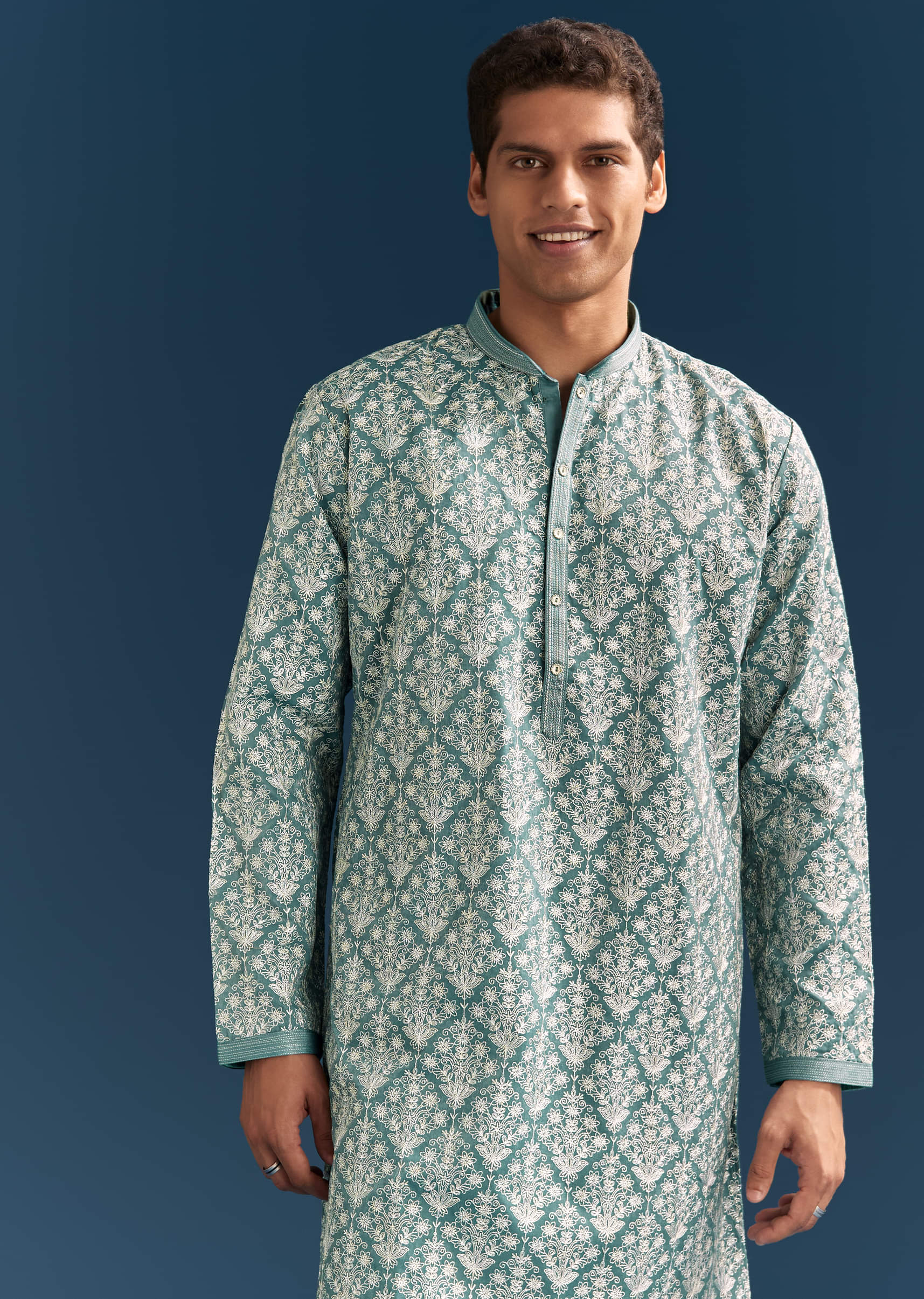 Teal Blue Silk Printed Kurta Set For Men With Thread Work - Image 3