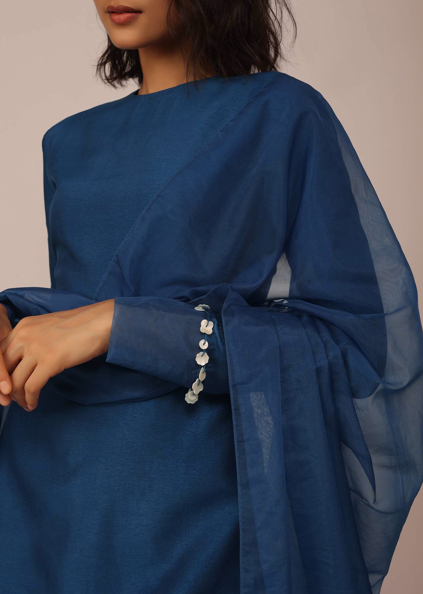 Teal Blue Suit Set With Tassel-Adorned Dupatta In Russian Art Silk - Image 4
