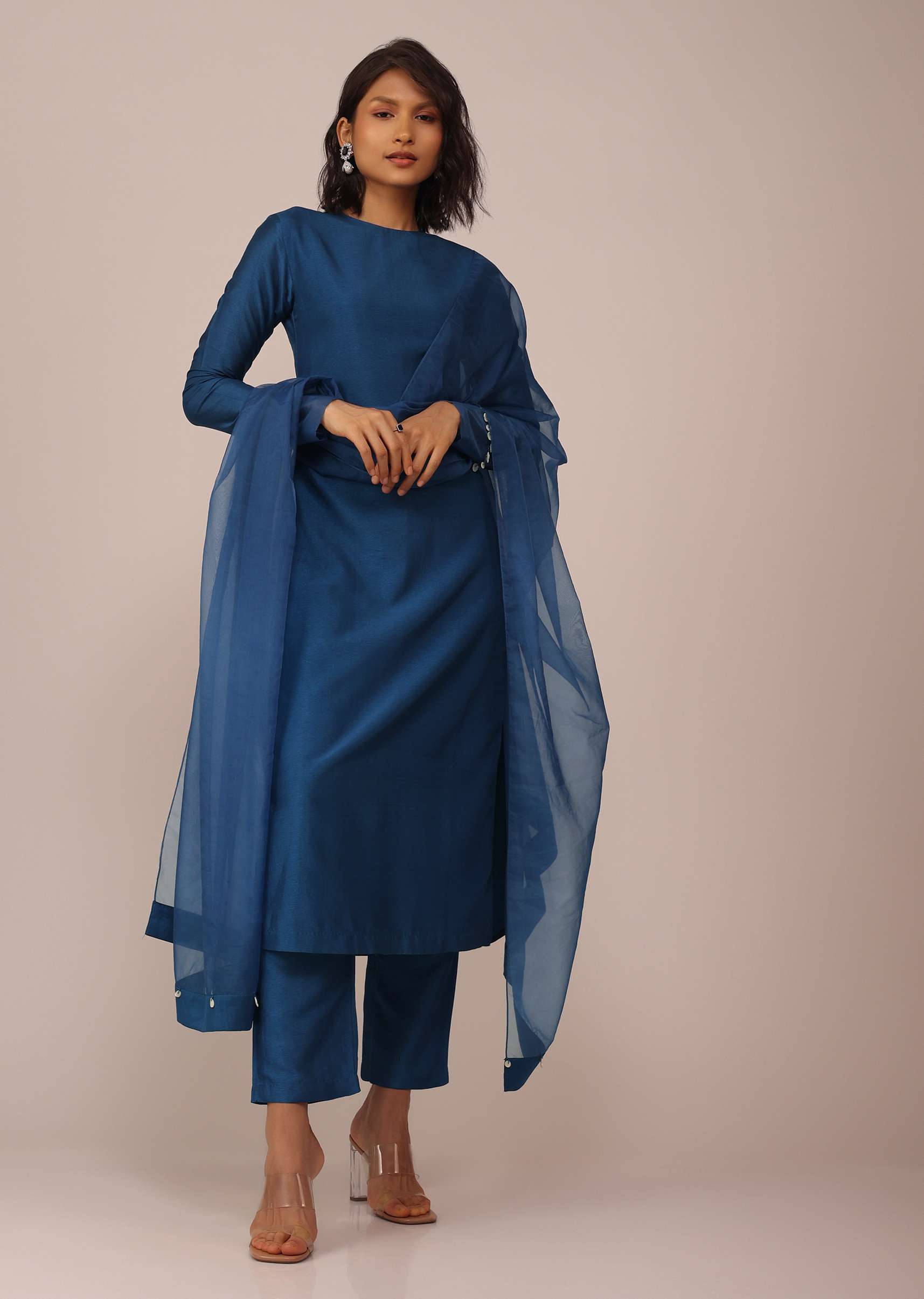 Teal Blue Suit Set With Tassel-Adorned Dupatta In Russian Art Silk - Image 5