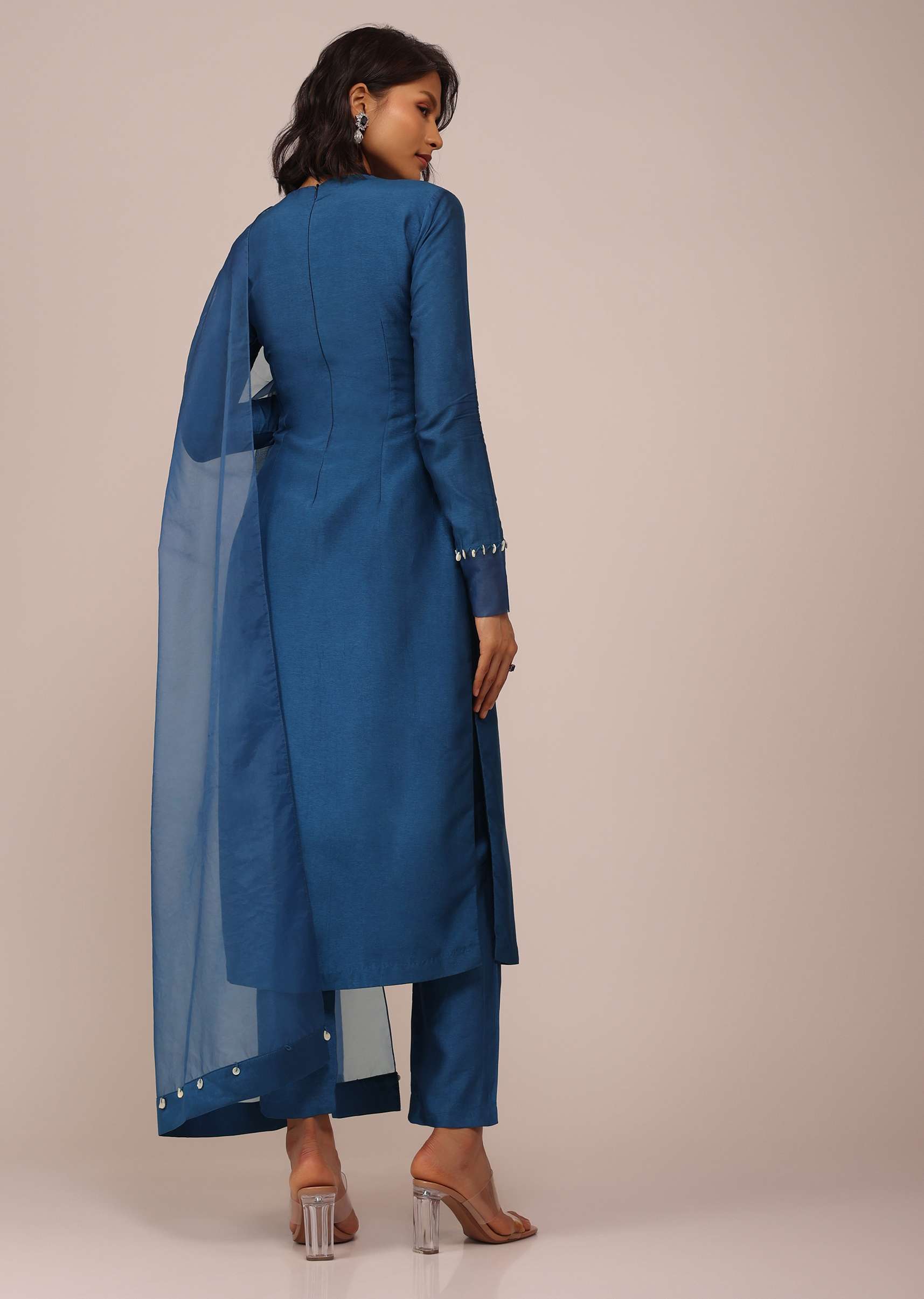Teal Blue Suit Set With Tassel-Adorned Dupatta In Russian Art Silk - Image 7