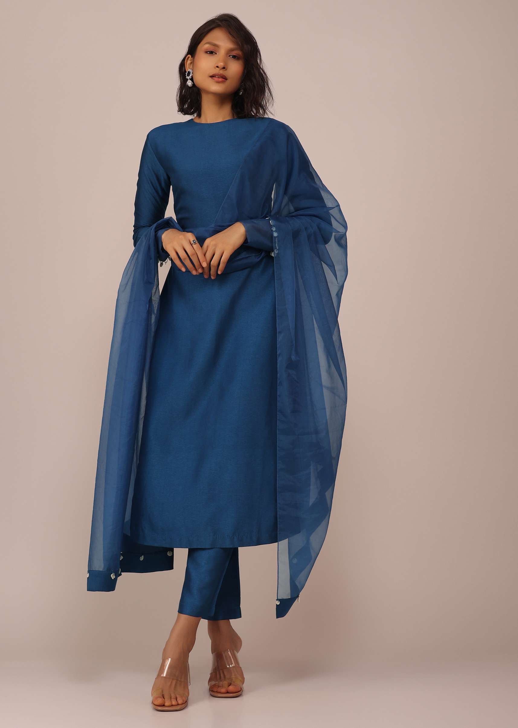 Teal Blue Suit Set With Tassel-Adorned Dupatta In Russian Art Silk - Image 8