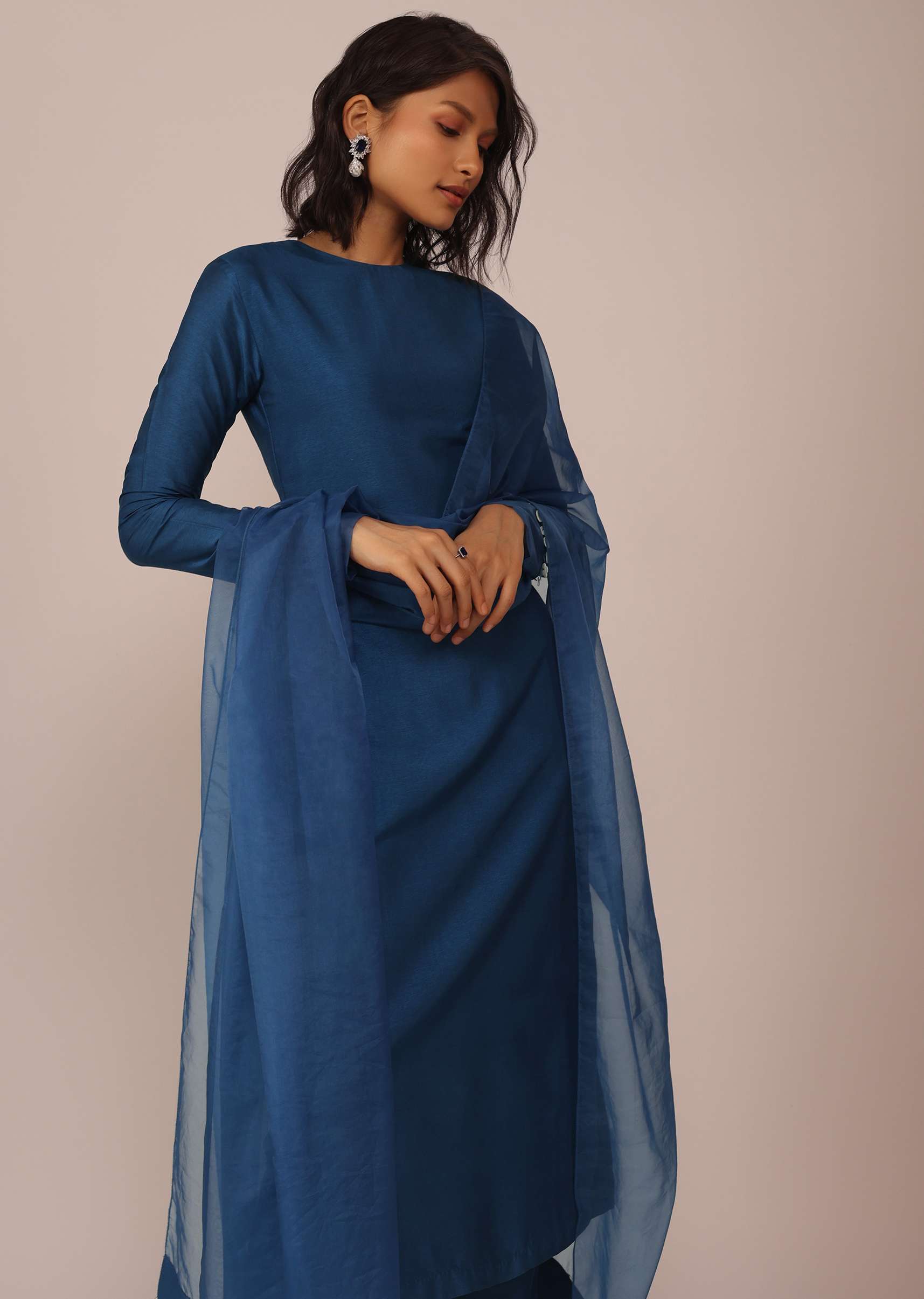 Teal Blue Suit Set With Tassel-Adorned Dupatta In Russian Art Silk - Image 9