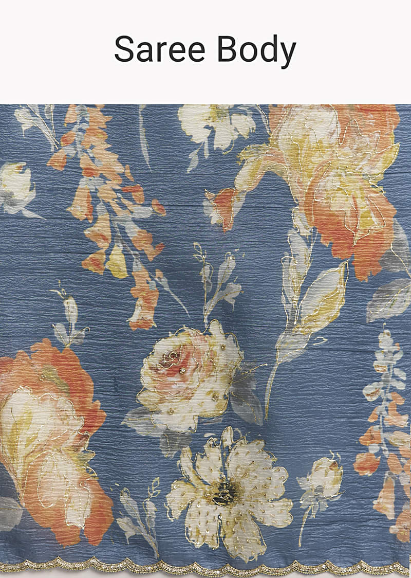 Teal Blue Tissue Saree With Floral Print And Embroidered Border - Image 10