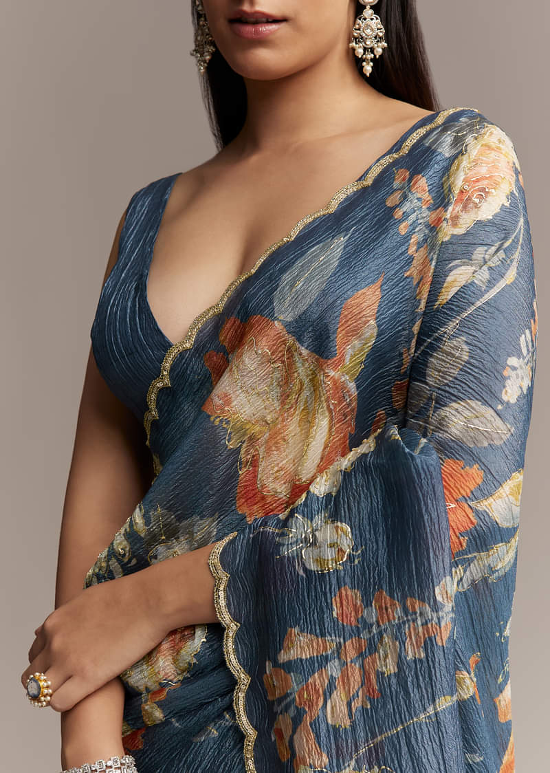 Teal Blue Tissue Saree With Floral Print And Embroidered Border - Image 2