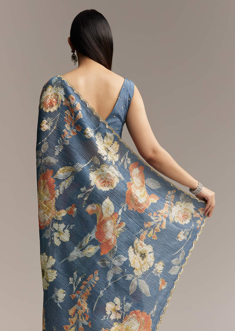 Teal Blue Tissue Saree With Floral Print And Embroidered Border - Image 4