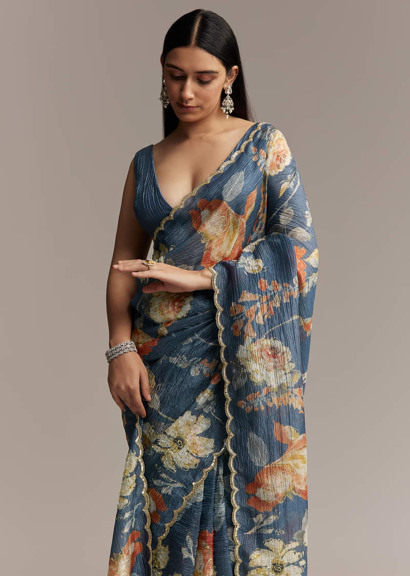 Teal Blue Tissue Saree With Floral Print And Embroidered Border - Image 5