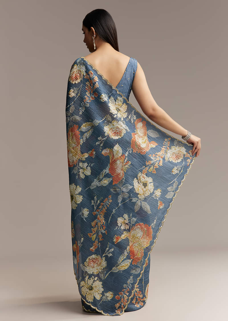 Teal Blue Tissue Saree With Floral Print And Embroidered Border - Image 6