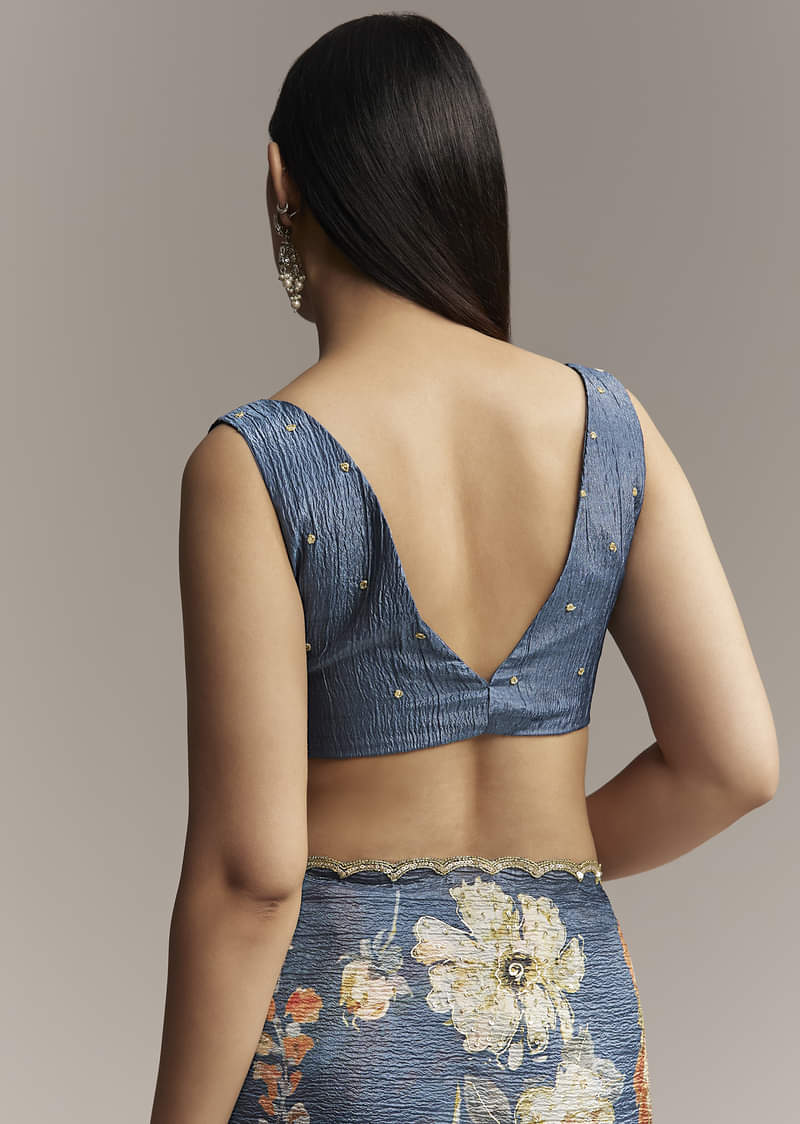 Teal Blue Tissue Saree With Floral Print And Embroidered Border - Image 8