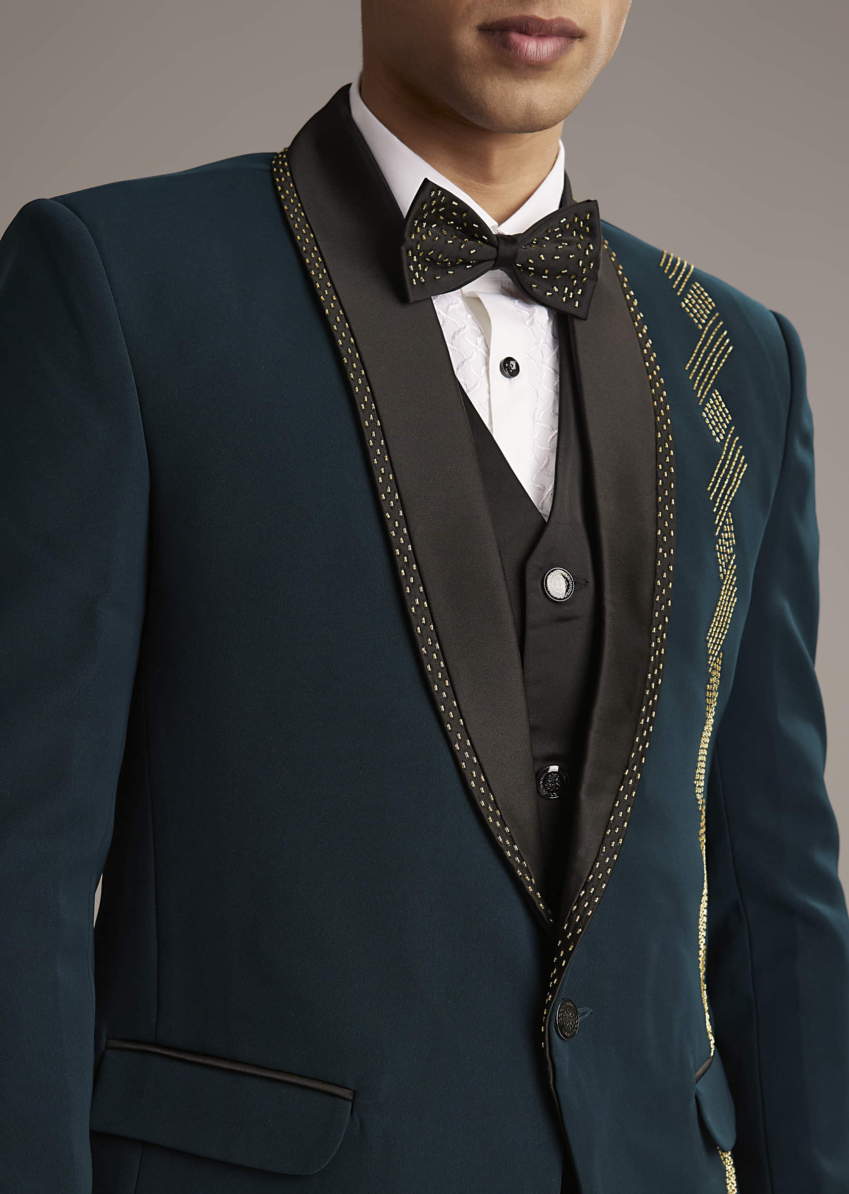 Teal Blue Tuxedo For Men With Cutdana Embroidery - Image 2