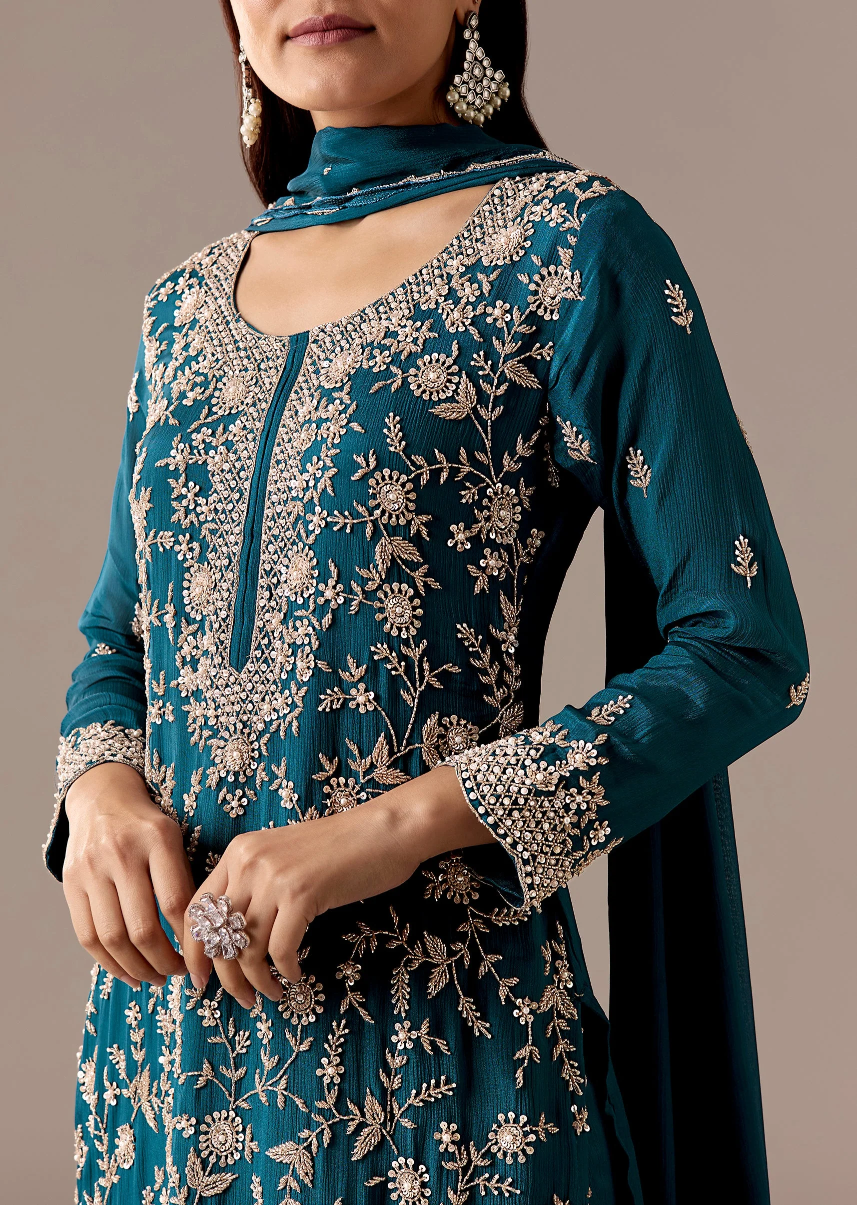 Teal Blue Twinning Statement – Pakistani Style Palazzo Suit For Her And Teal Mirror Detail Kurta Set For Him - Image 2