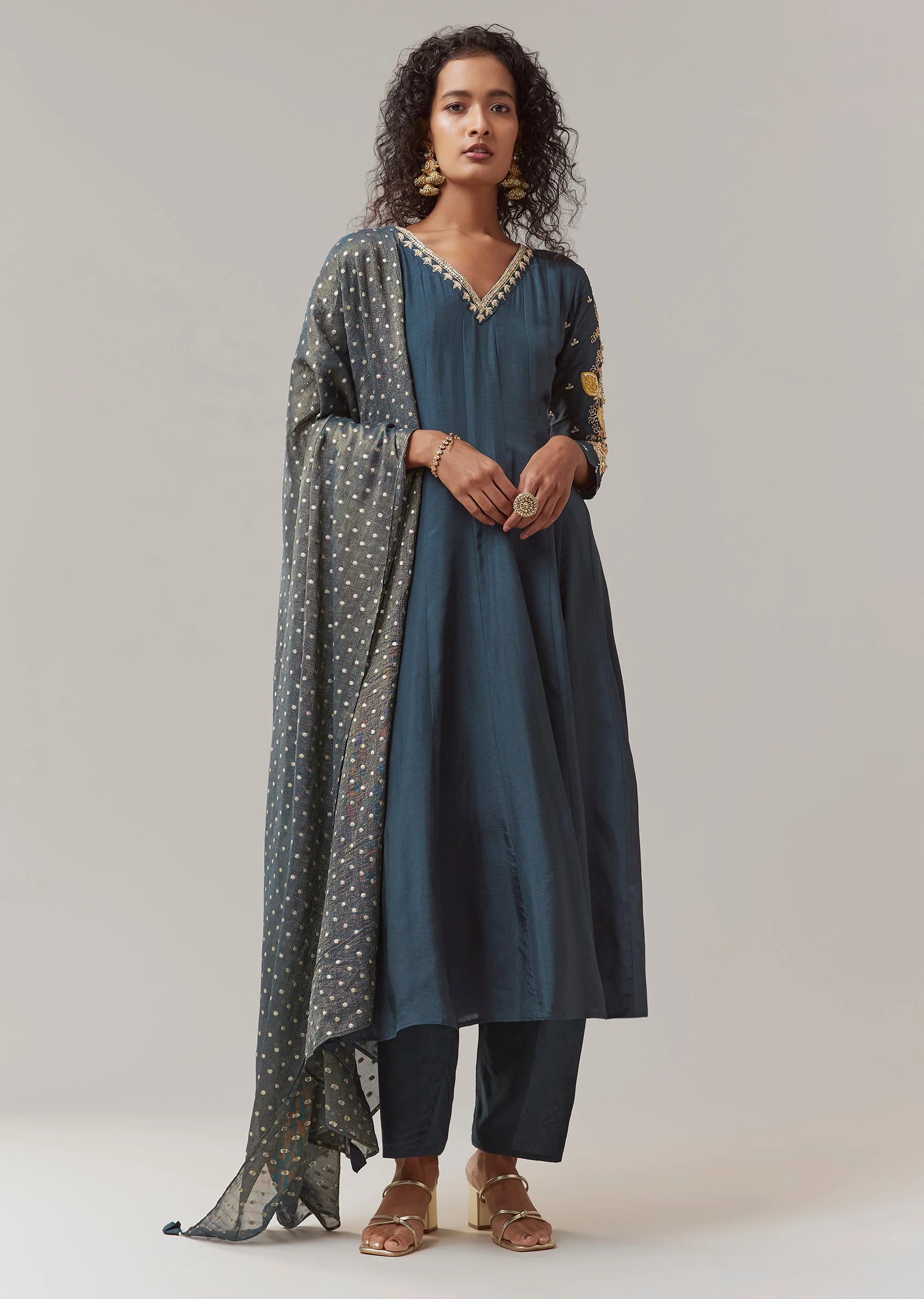 Teal Blue Zardozi Work Anarkali Set - Image 3