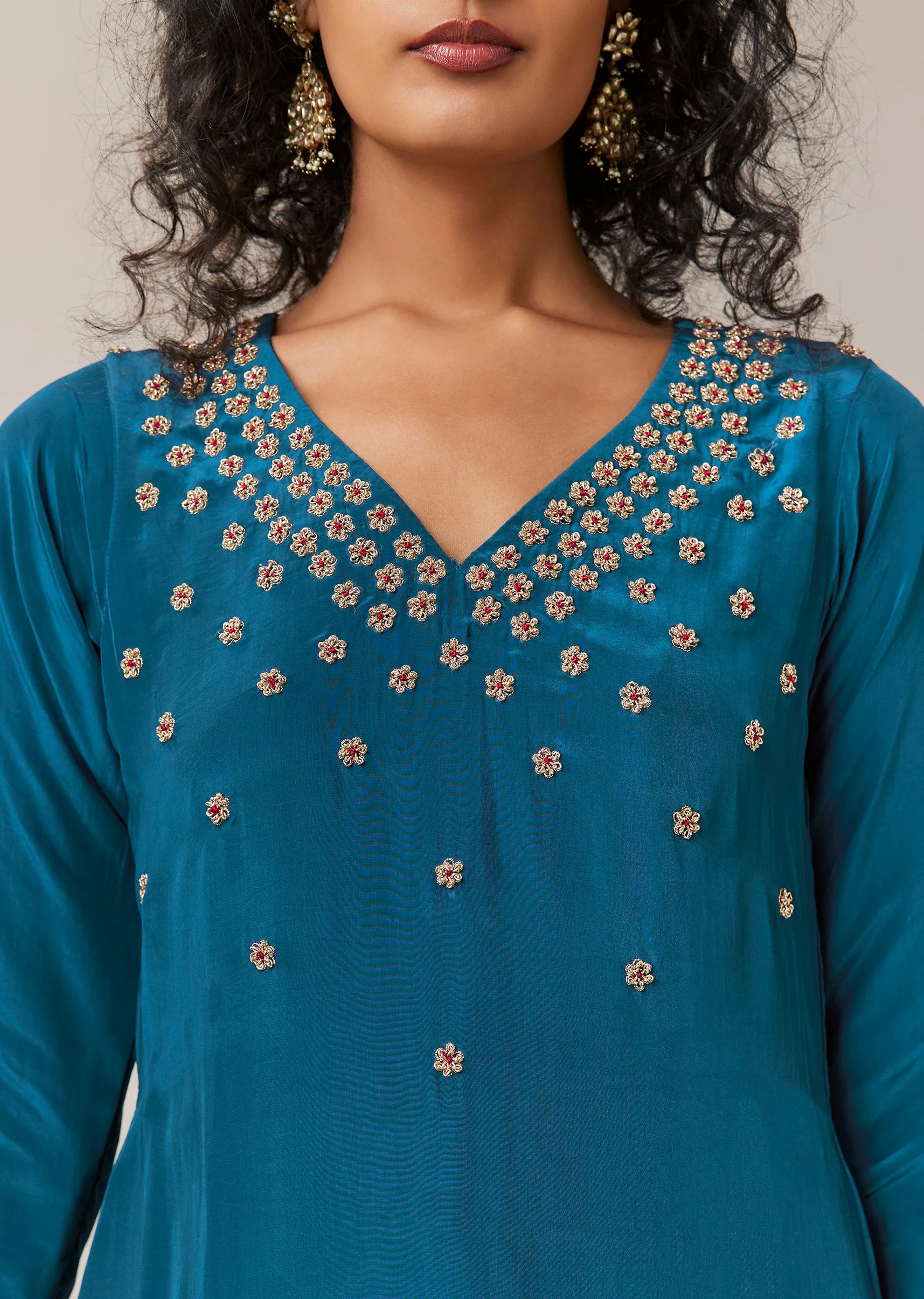 Teal Blue Zardozi Work Kurta and Pant Set - Image 2
