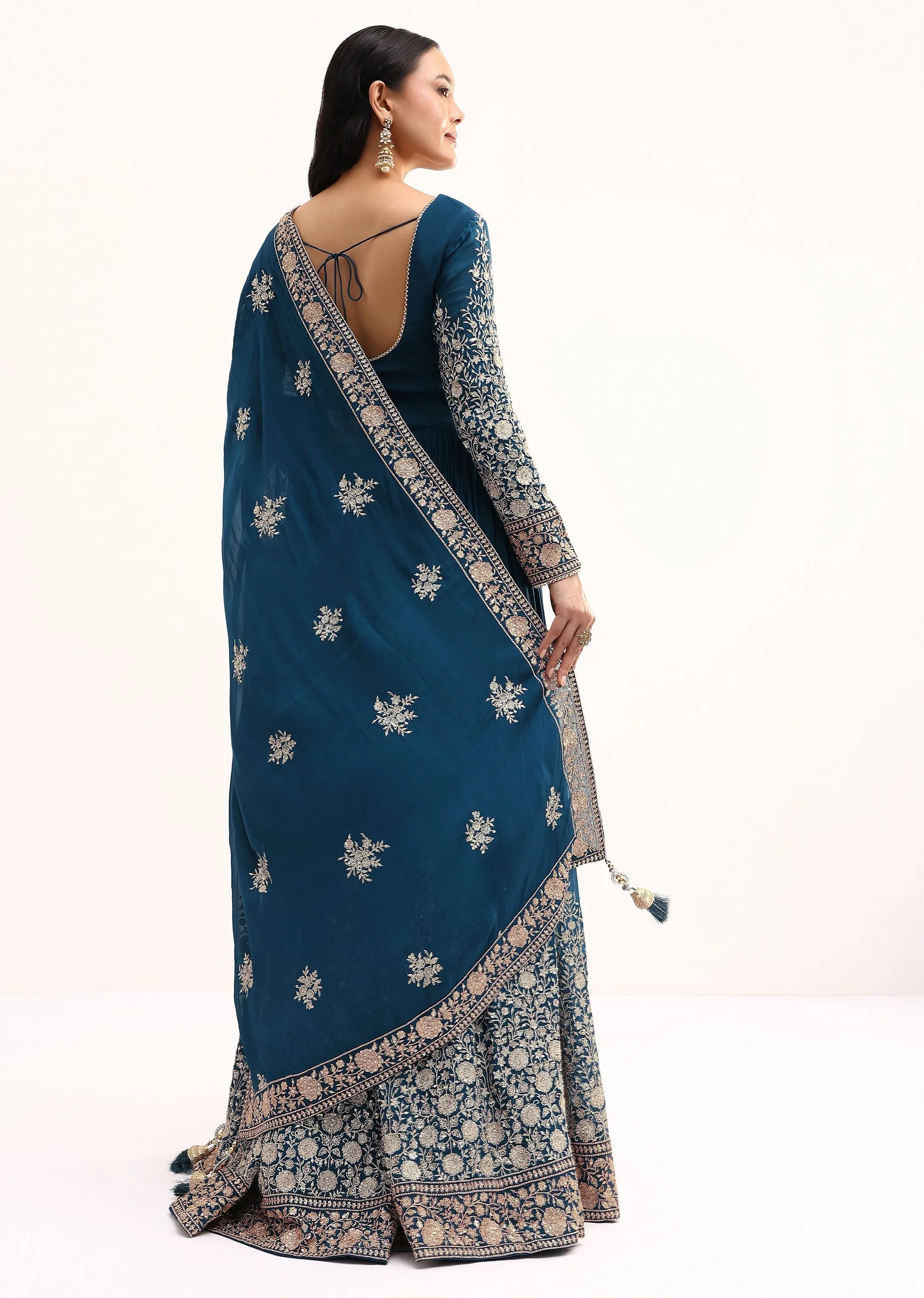 Teal Chinon Anarkali Suit With Zari Work - Image 5