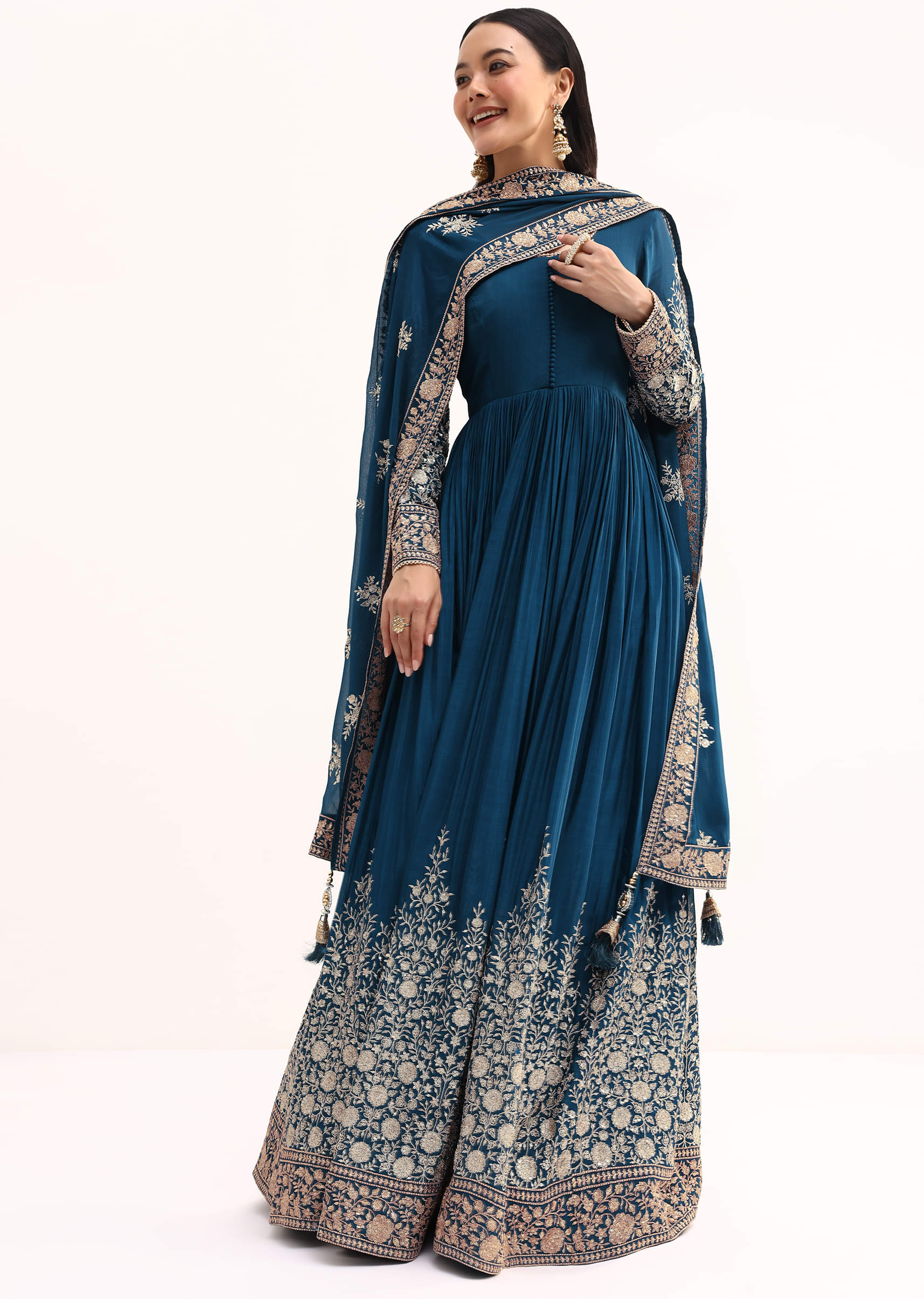 Teal Chinon Anarkali Suit With Zari Work - Image 6