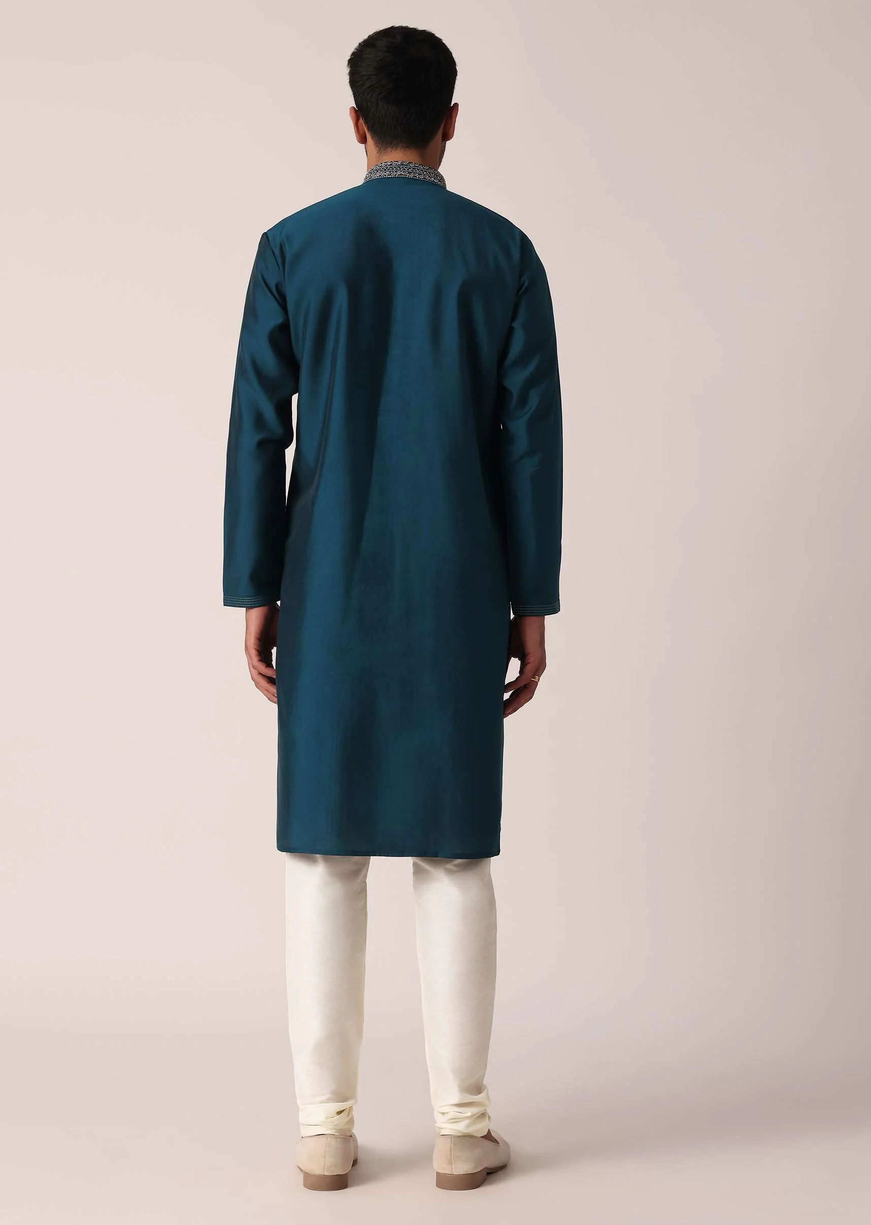 Teal Cotton Silk Kurta Set For Men - Image 5