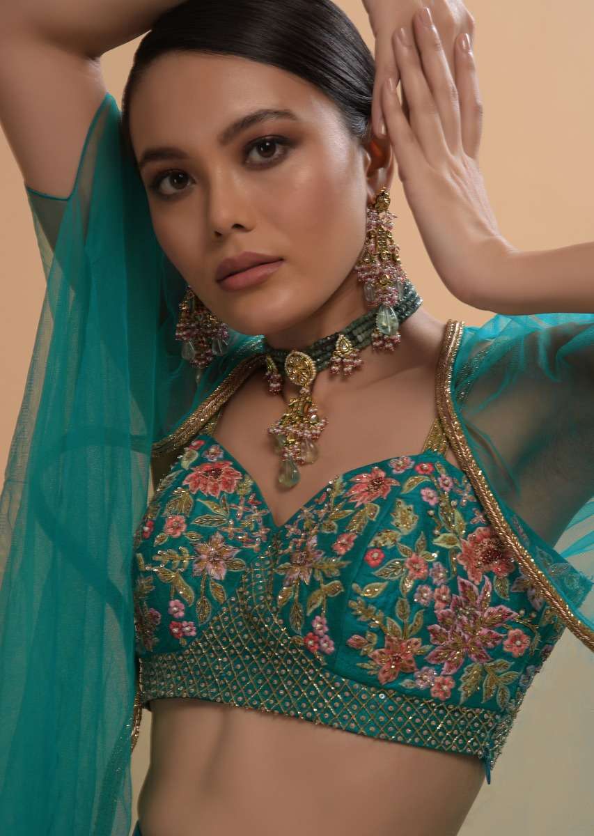 Teal Drape Skirt And Crop Top With Matching Cape And Colorful Resham Embroidered Spring Blooms - Image 10