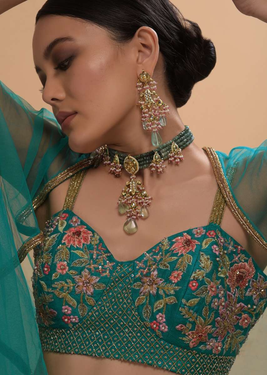Teal Drape Skirt And Crop Top With Matching Cape And Colorful Resham Embroidered Spring Blooms - Image 11