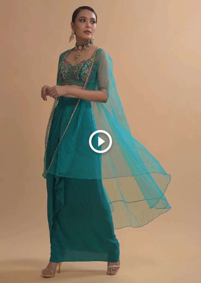 Teal Drape Skirt And Crop Top With Matching Cape And Colorful Resham Embroidered Spring Blooms - Image 12