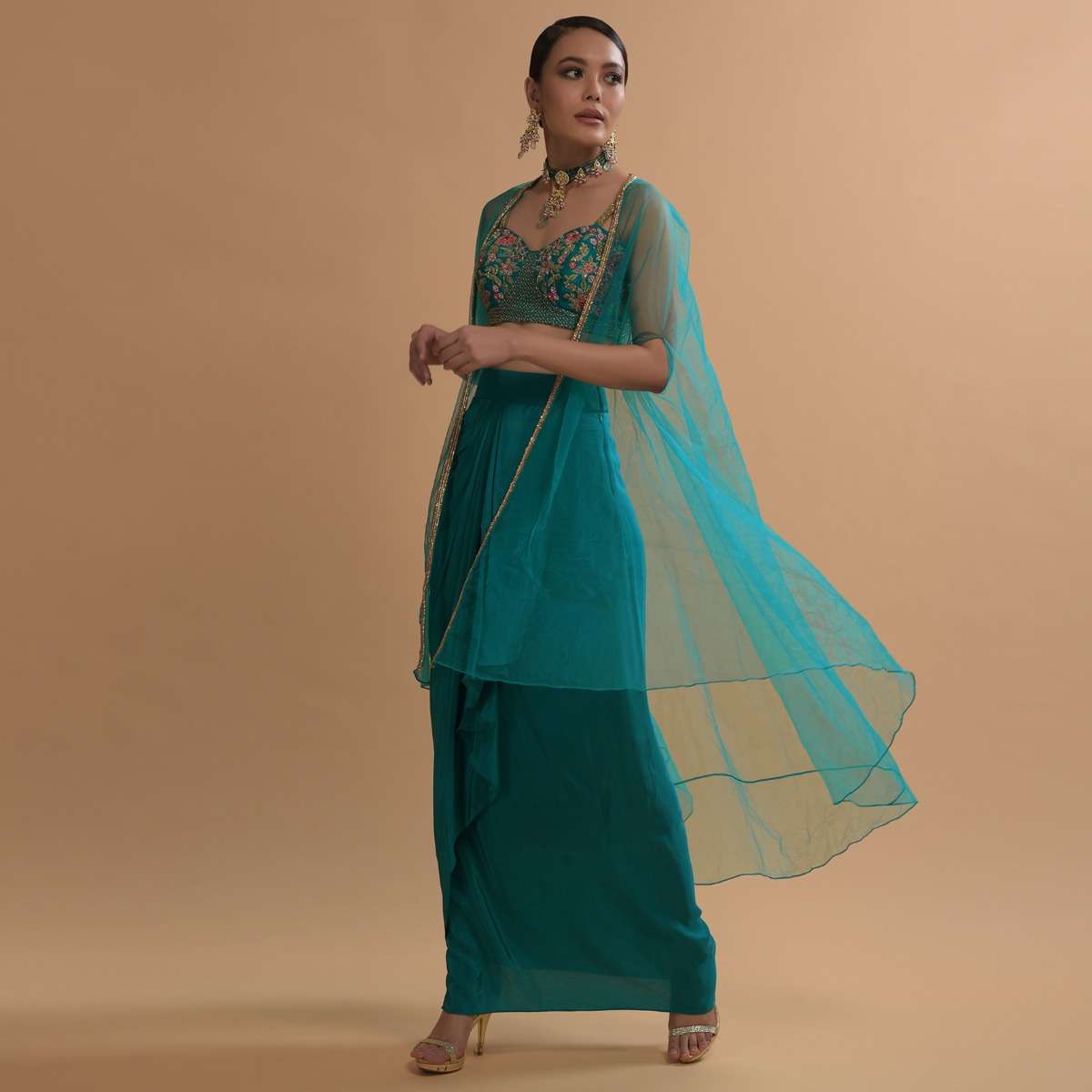Teal Drape Skirt And Crop Top With Matching Cape And Colorful Resham Embroidered Spring Blooms - Image 2