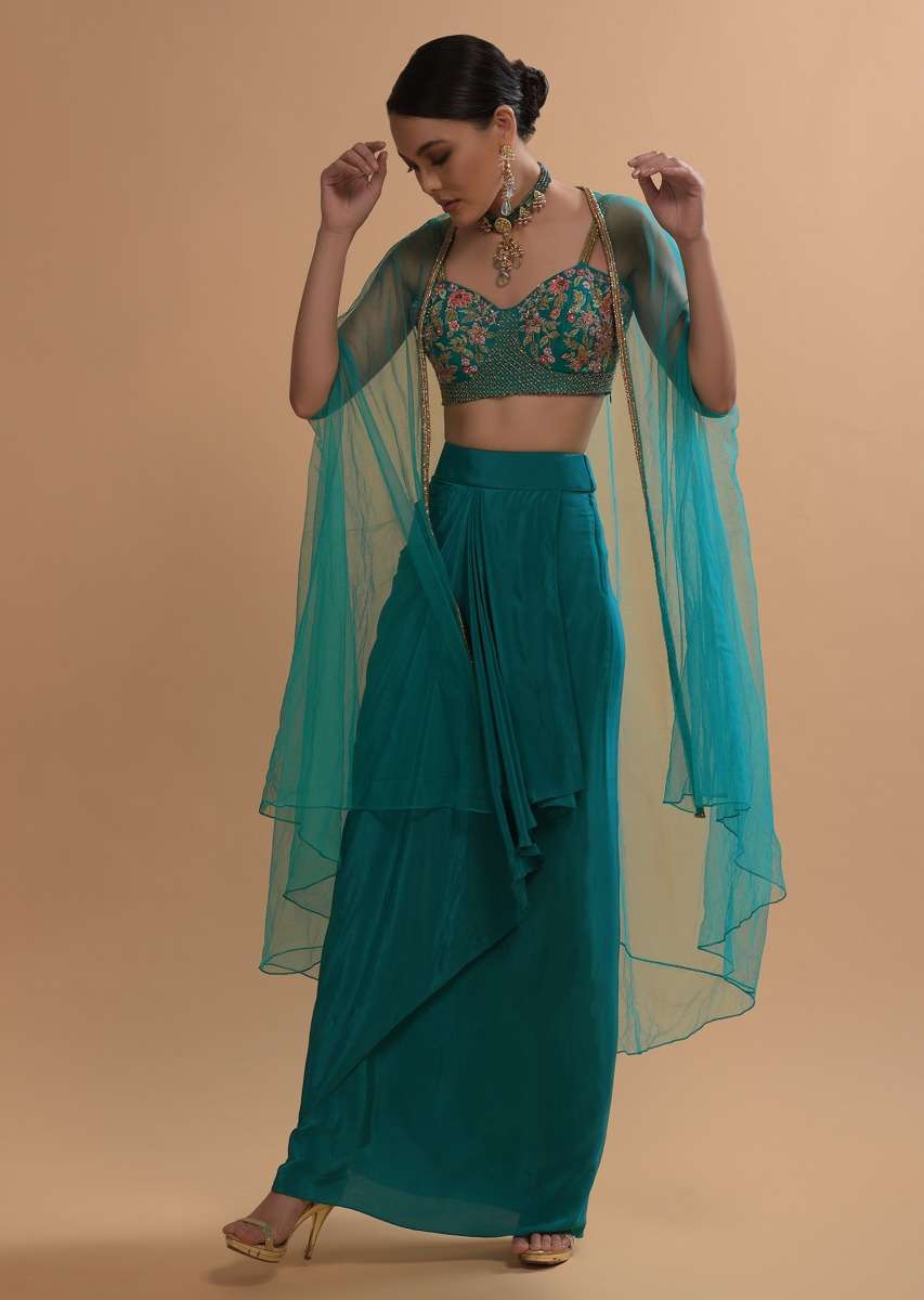 Teal Drape Skirt And Crop Top With Matching Cape And Colorful Resham Embroidered Spring Blooms - Image 3