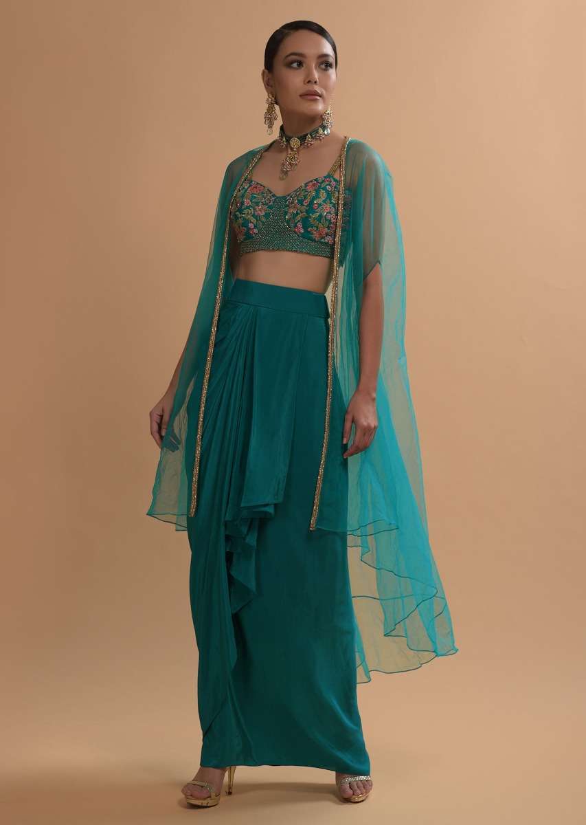 Teal Drape Skirt And Crop Top With Matching Cape And Colorful Resham Embroidered Spring Blooms - Image 4