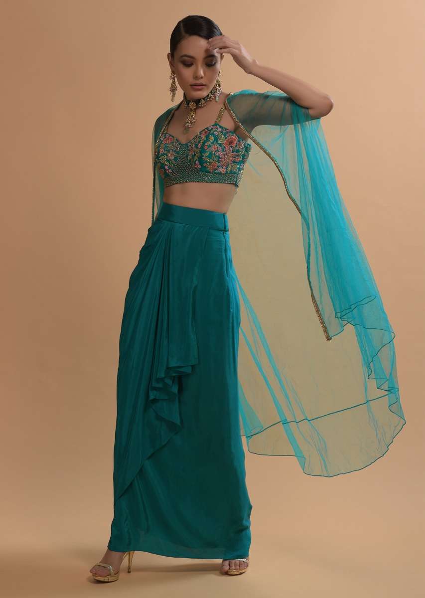 Teal Drape Skirt And Crop Top With Matching Cape And Colorful Resham Embroidered Spring Blooms - Image 5