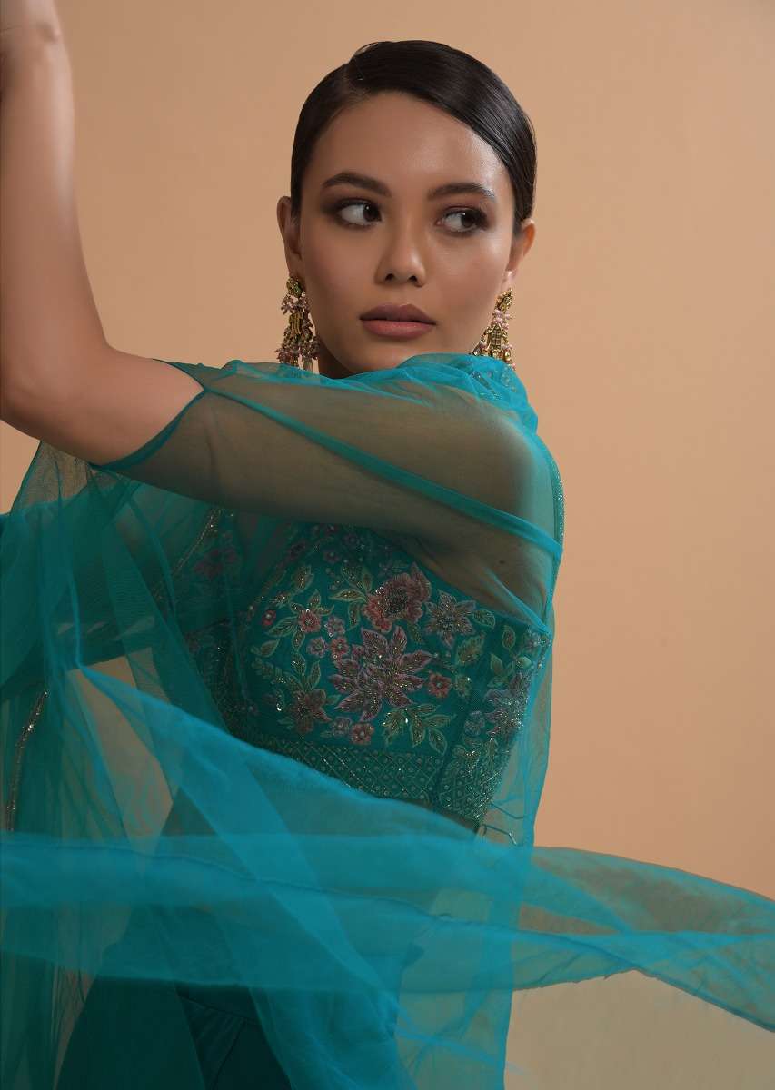 Teal Drape Skirt And Crop Top With Matching Cape And Colorful Resham Embroidered Spring Blooms - Image 6