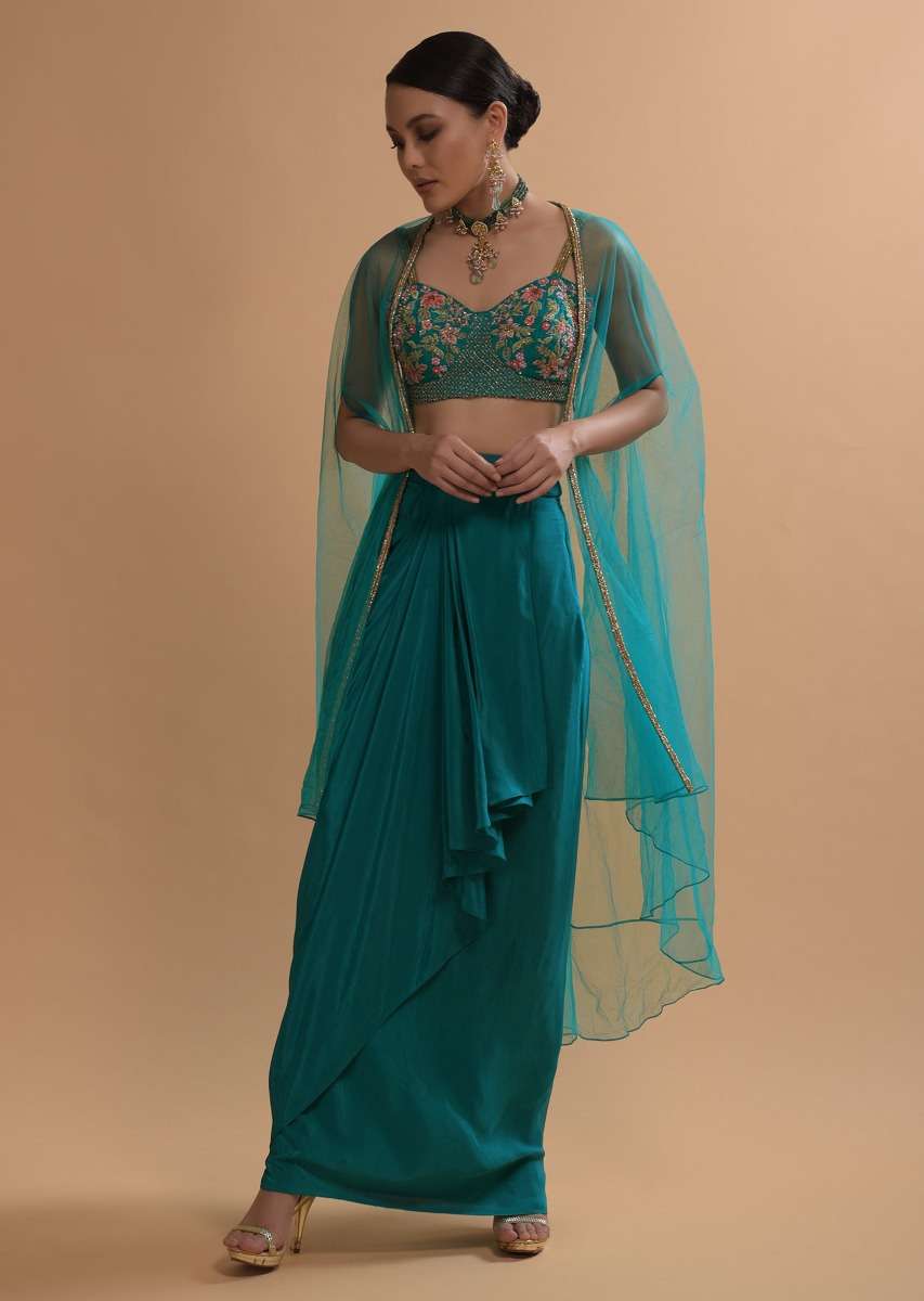 Teal Drape Skirt And Crop Top With Matching Cape And Colorful Resham Embroidered Spring Blooms - Image 7