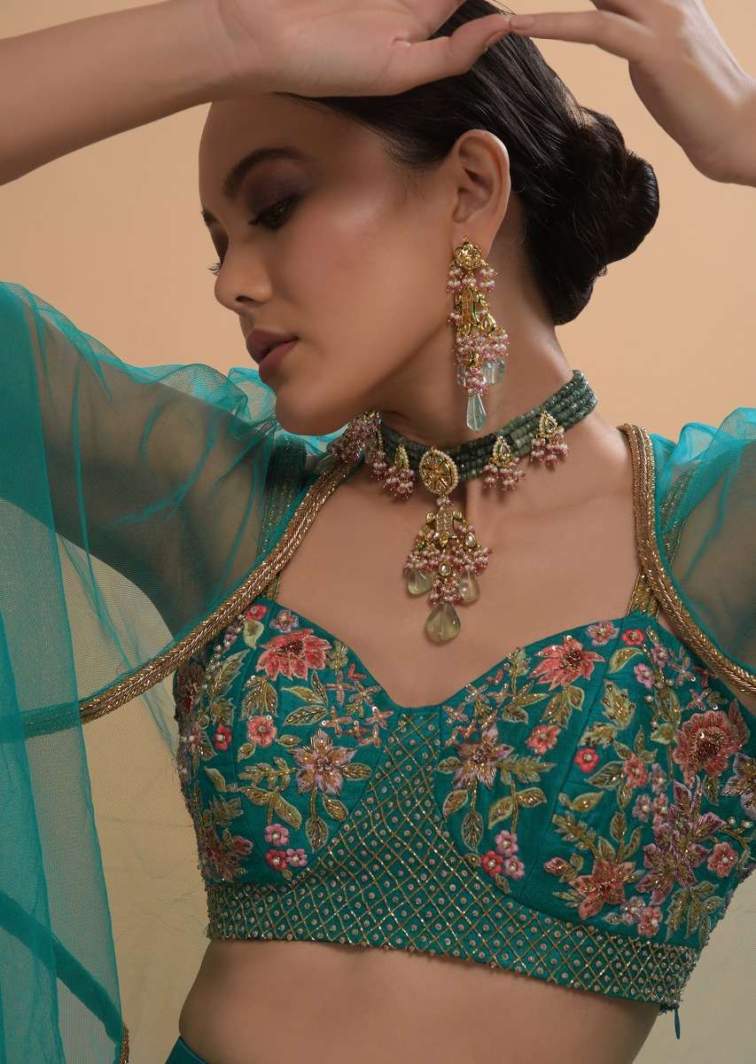 Teal Drape Skirt And Crop Top With Matching Cape And Colorful Resham Embroidered Spring Blooms - Image 8
