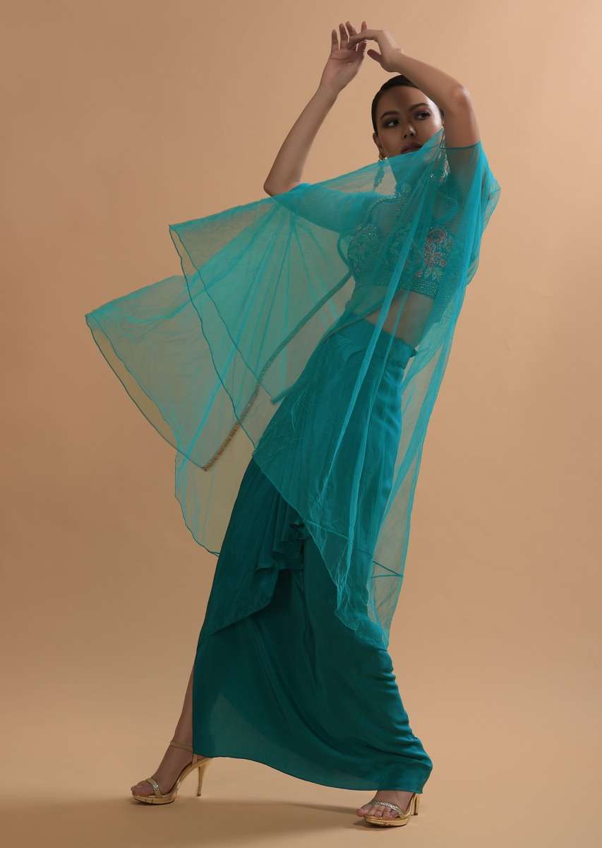 Teal Drape Skirt And Crop Top With Matching Cape And Colorful Resham Embroidered Spring Blooms - Image 9