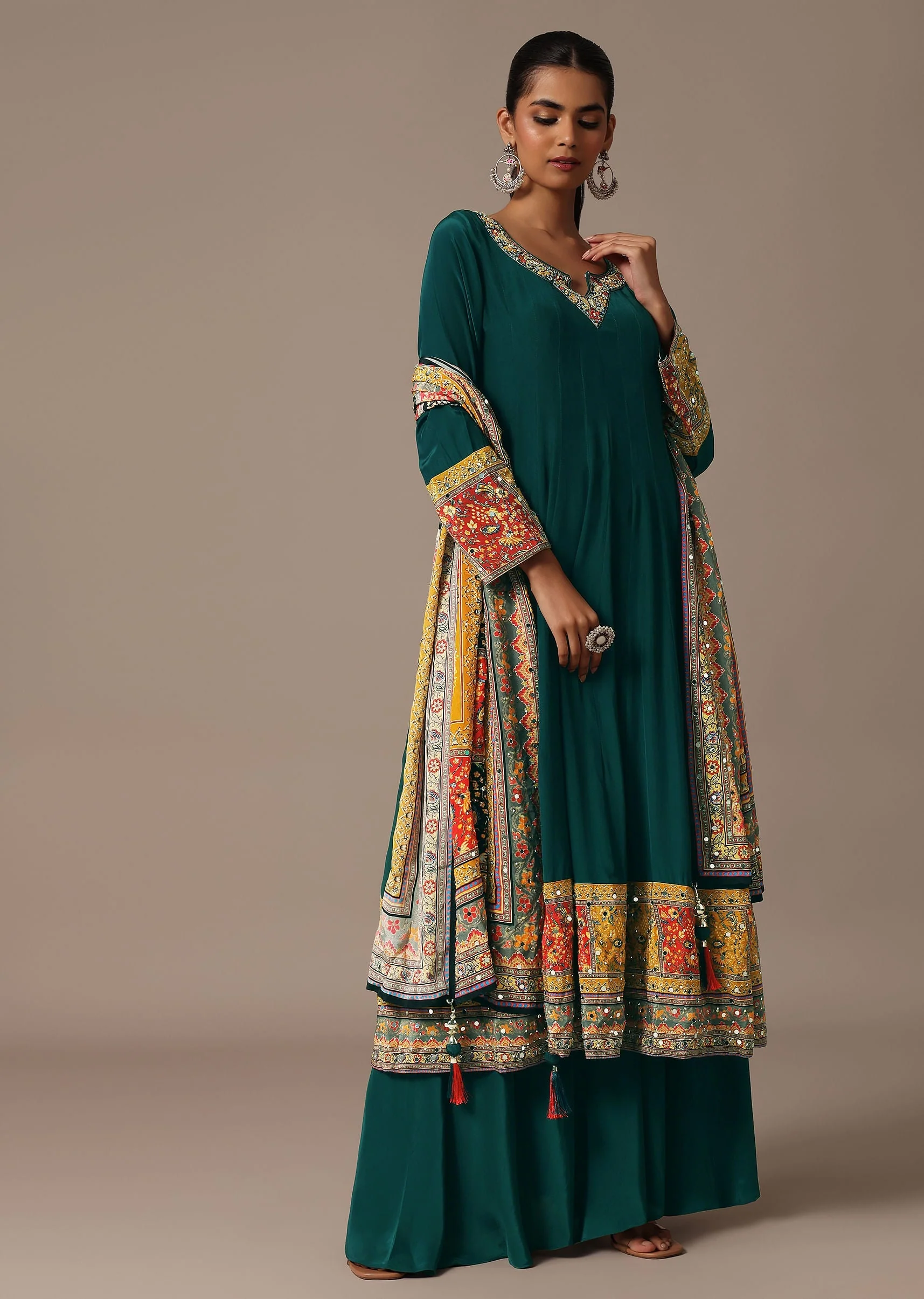 Teal Embroidered Kurta Palazzo Set With Mirror Work Dupatta - Image 3