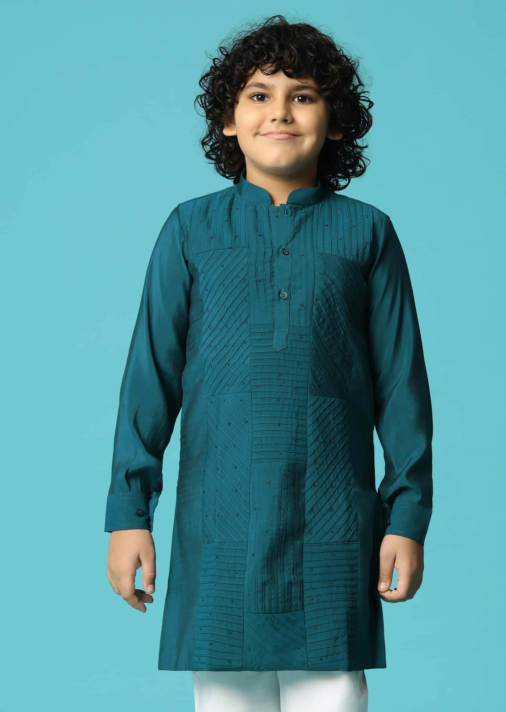 Teal Embroidered Silk Kurta Pant For Boys - Image 2