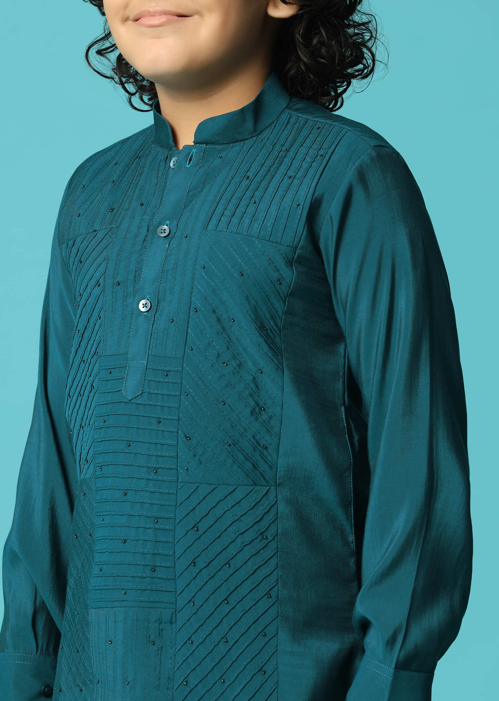 Teal Embroidered Silk Kurta Pant For Boys - Image 4