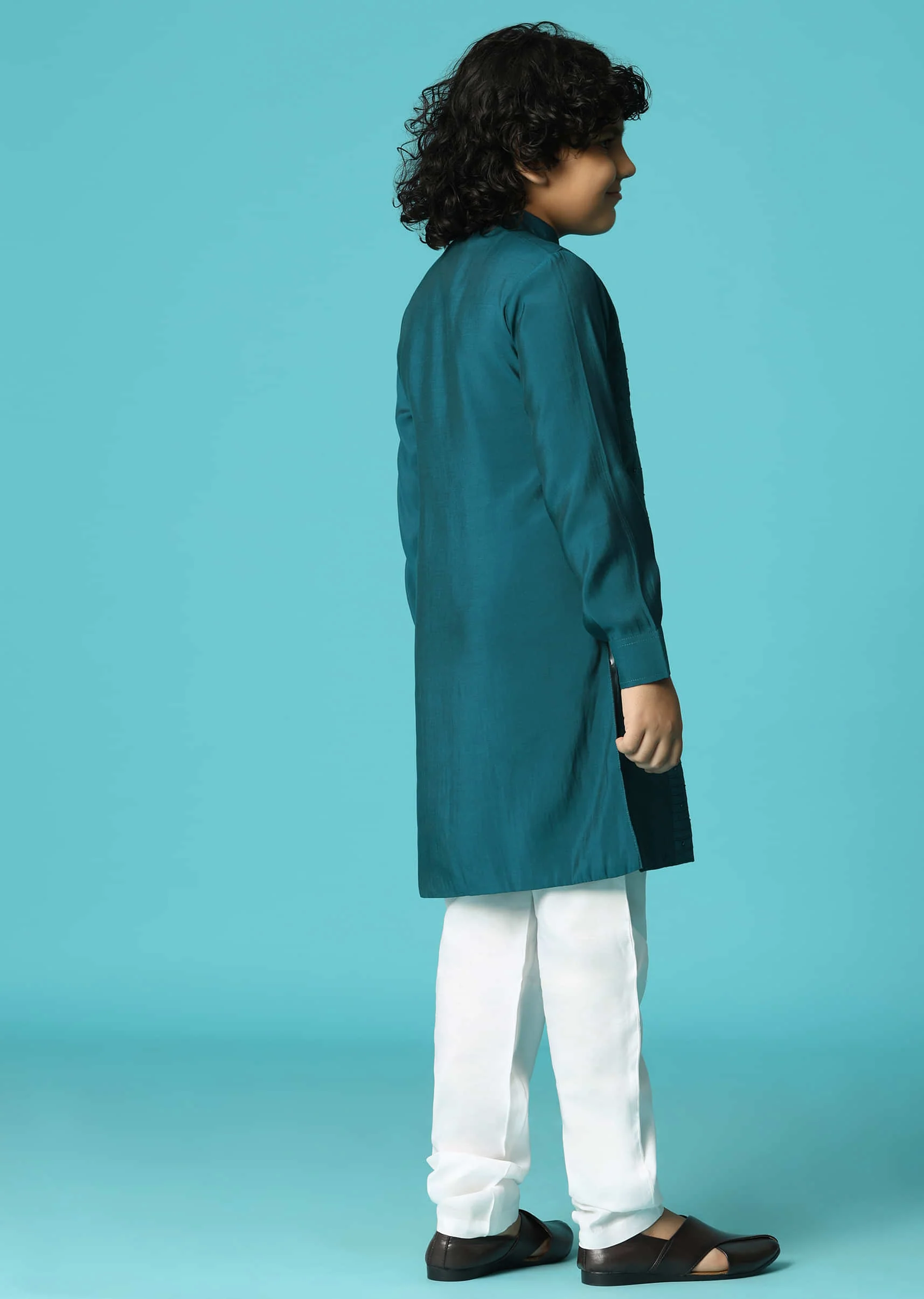 Teal Embroidered Silk Kurta Pant For Boys - Image 5