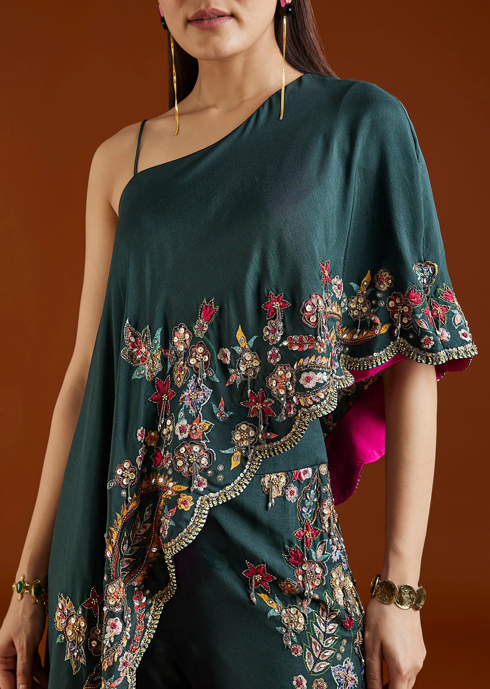 Teal Green Asymmetric Silk Blend Crop Top Palazzo Set - Image 2