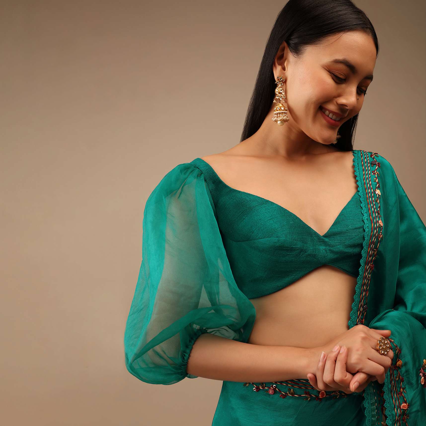 Teal Green Blouse In Raw Silk With Three Quarter Sleeves And Sweetheart Neckline - Image 2