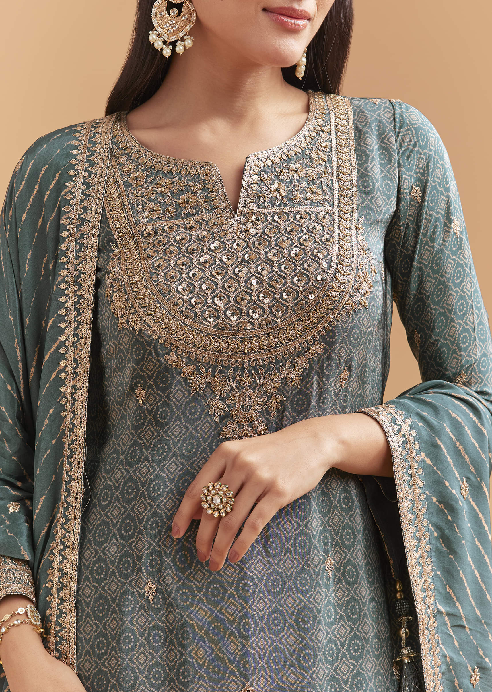 Teal Green Crepe Palazzo Suit With Hand Embroidery And Bandhani Print - Image 2