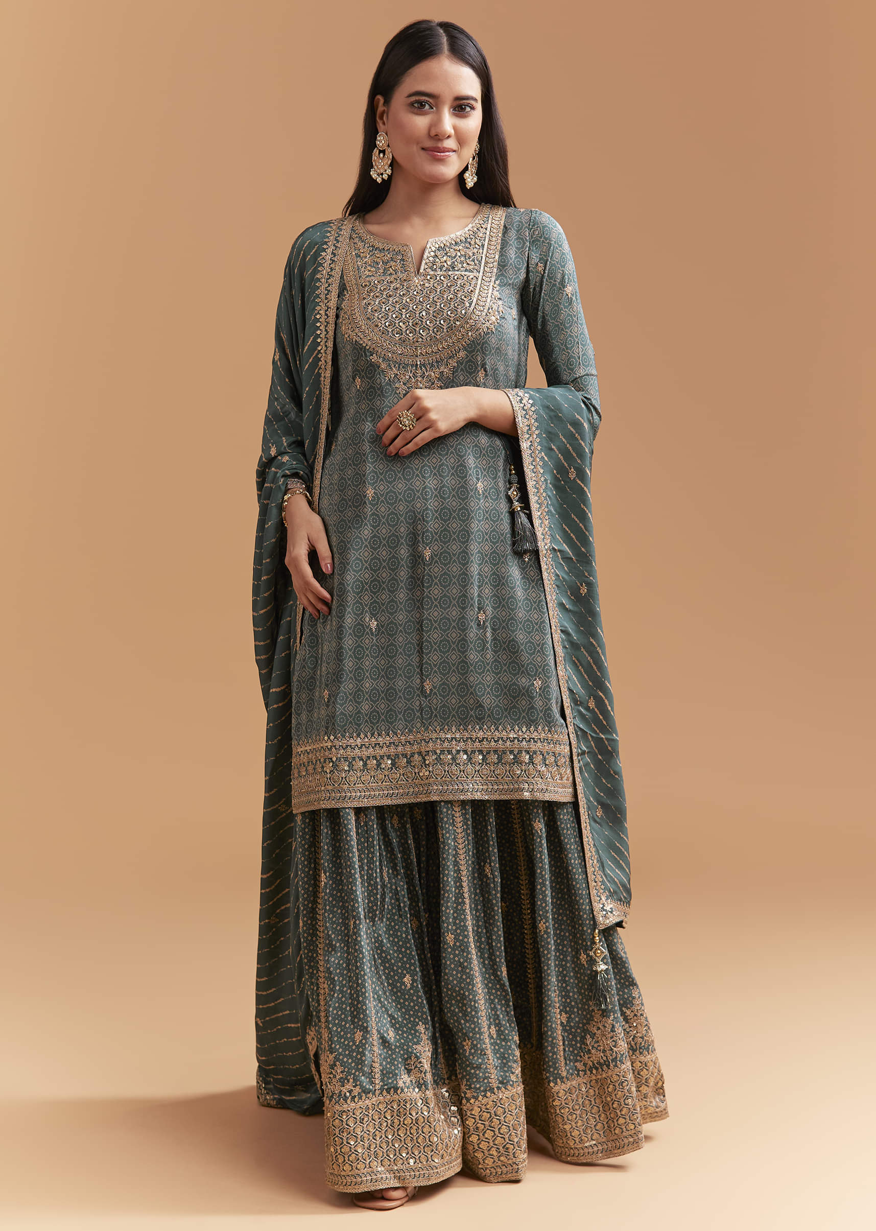 Teal Green Crepe Palazzo Suit With Hand Embroidery And Bandhani Print - Image 3