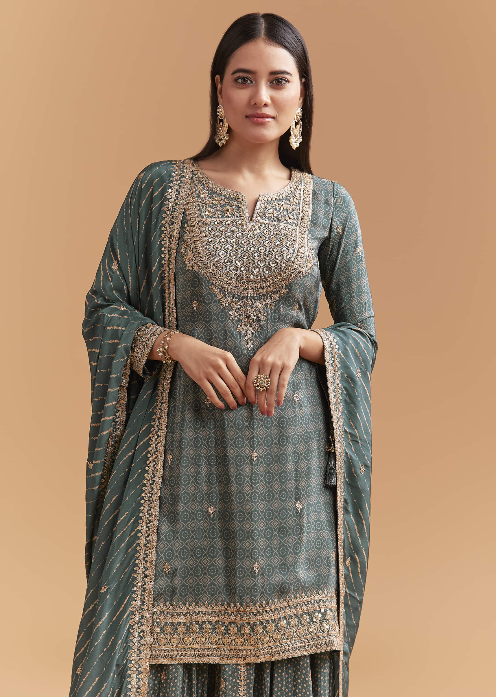 Teal Green Crepe Palazzo Suit With Hand Embroidery And Bandhani Print - Image 4
