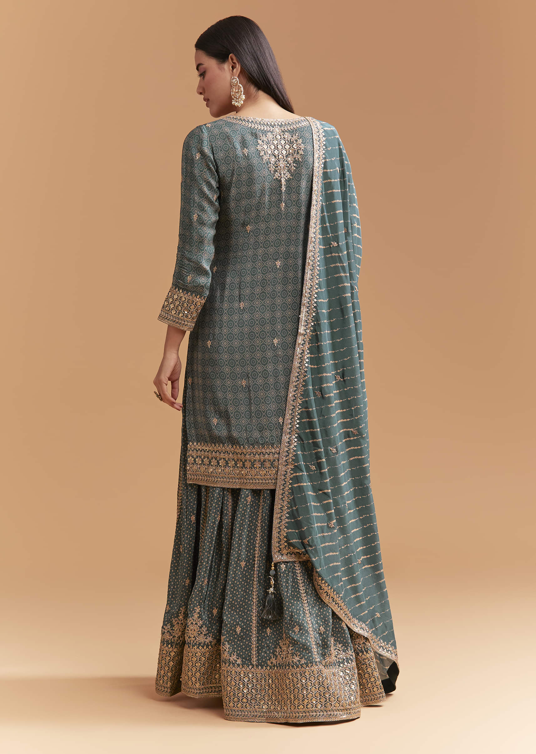 Teal Green Crepe Palazzo Suit With Hand Embroidery And Bandhani Print - Image 5