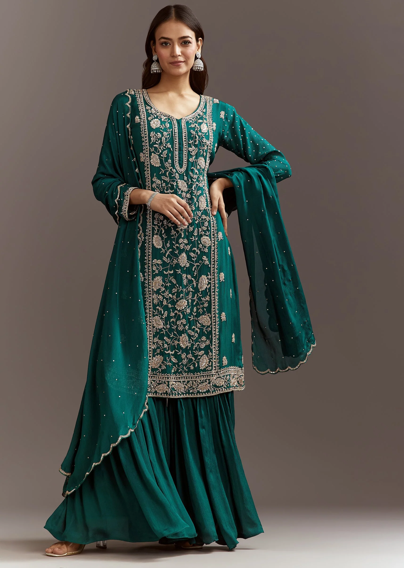 Teal Green Cutdana And Sequins Kurta Sharara With Dupatta - Image 4