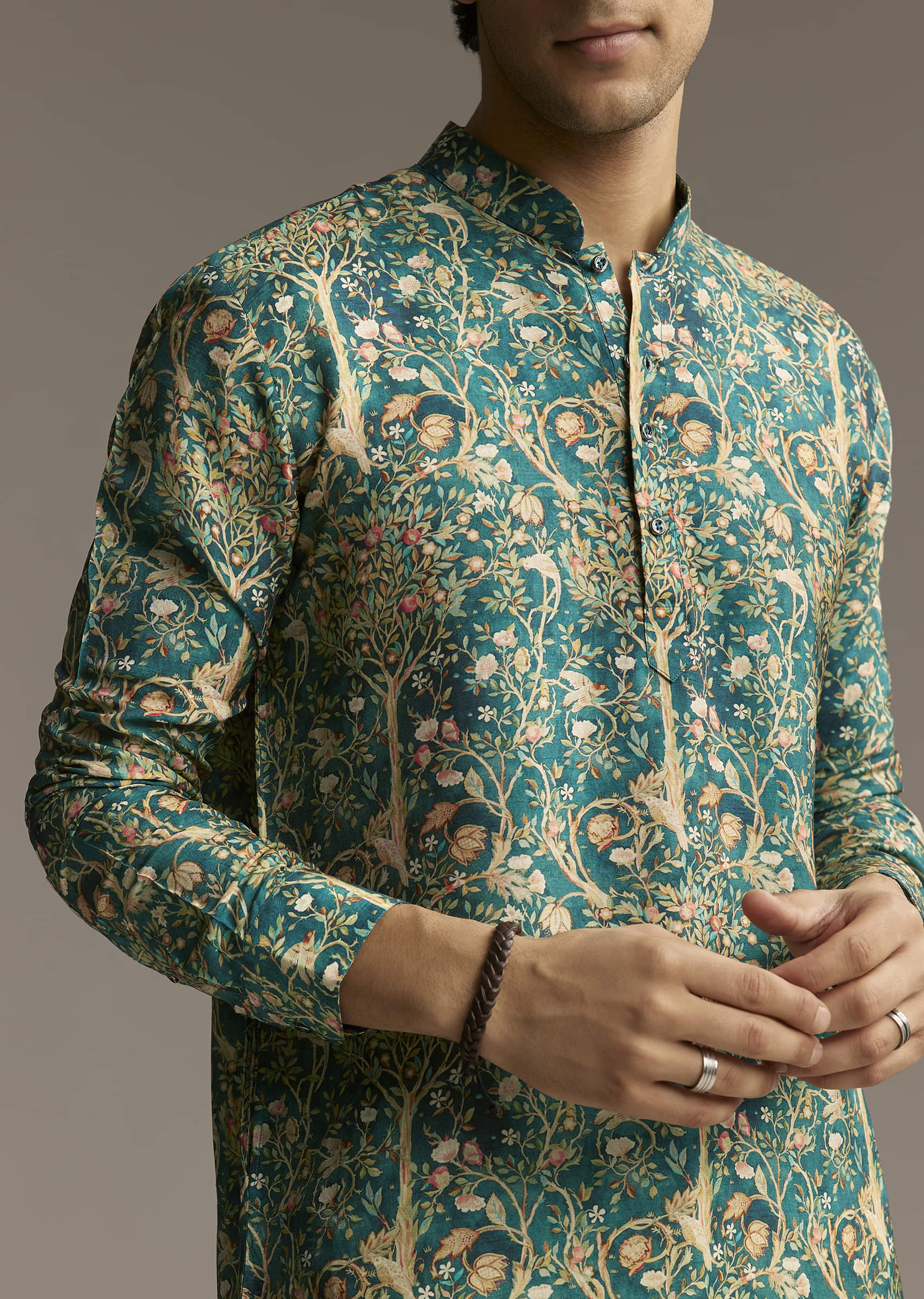 Teal Green Designer Kurta For Men With Ornamental Tree Motif Print - Image 2