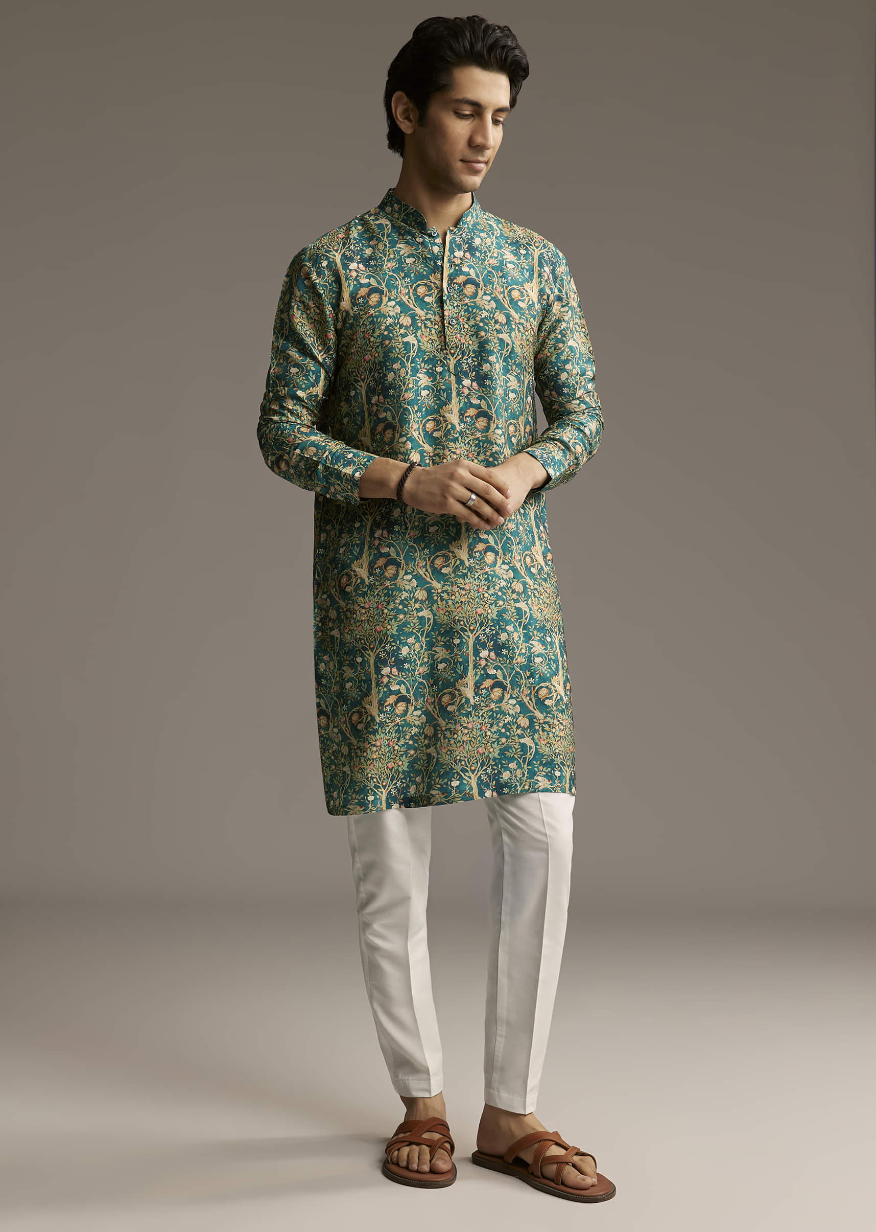 Teal Green Designer Kurta For Men With Ornamental Tree Motif Print - Image 3