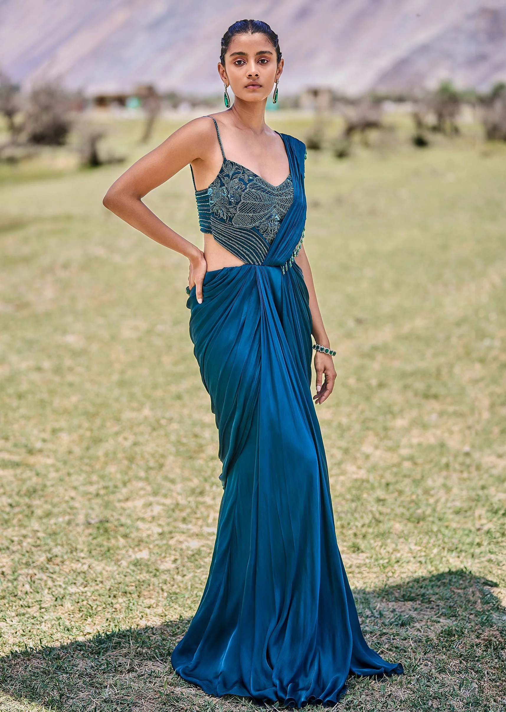Teal Green Embroidered Drape Gown With Pleated Tassel Pallu