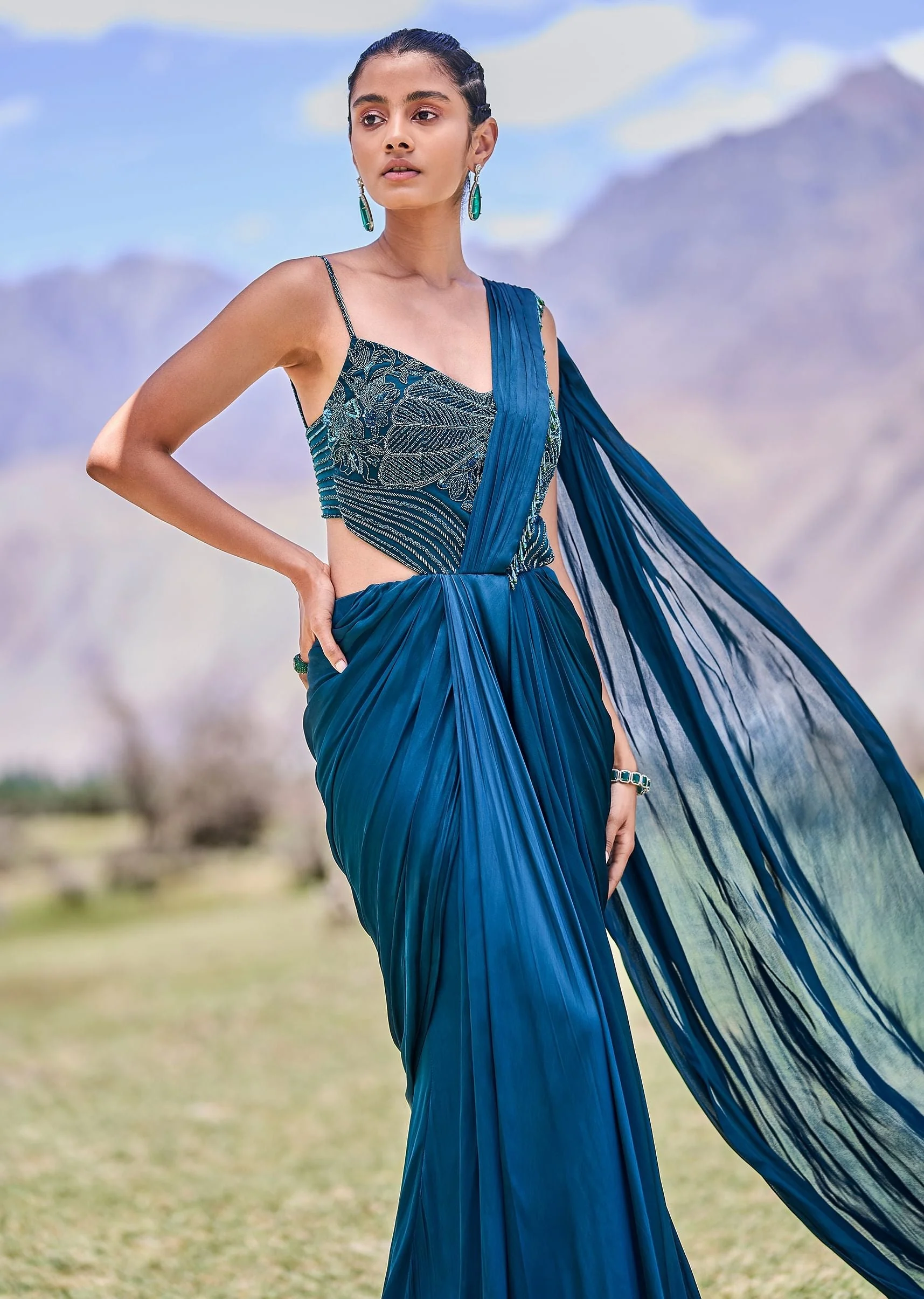 Teal Green Embroidered Drape Gown With Pleated Tassel Pallu - Image 2